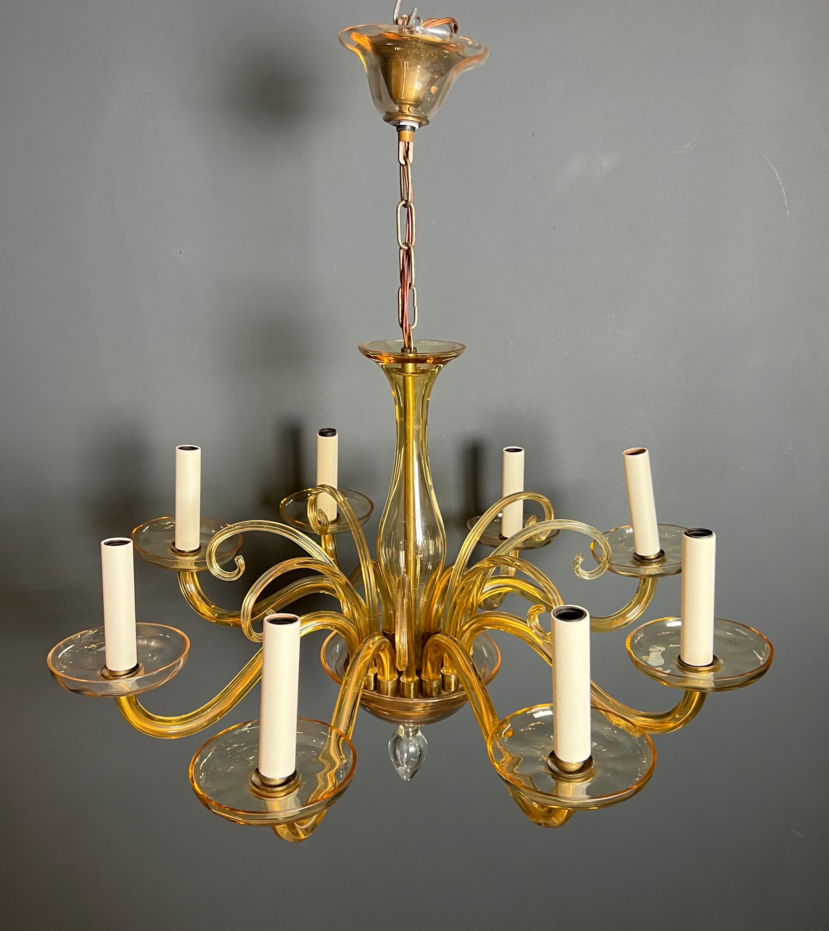 Orangeish Murano Crystal Chandelier with 8 Arms. Italian Work. Circa 1970 For Sale 1