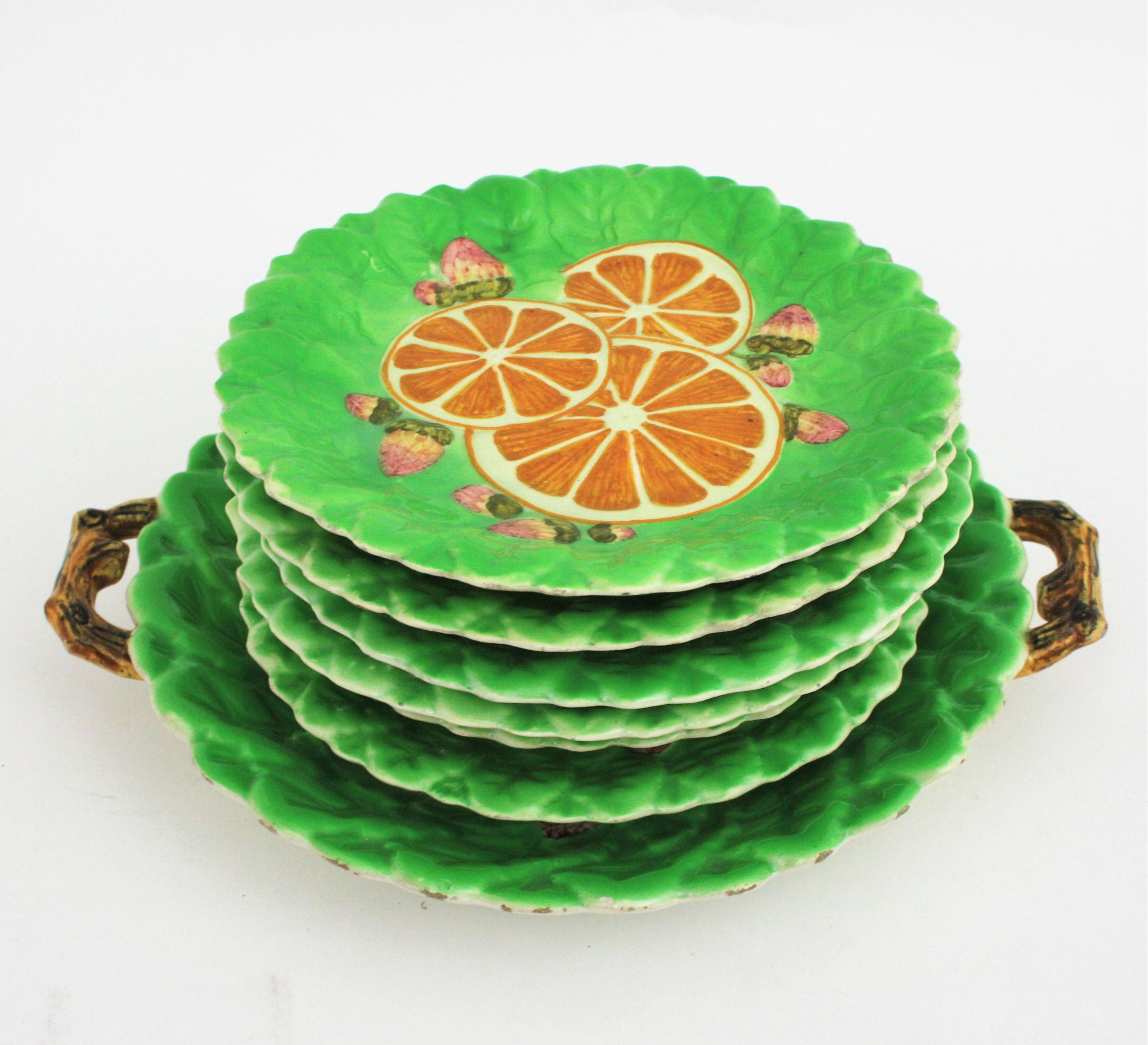 Oranges Strawberries Majolica Ceramic Dinnerware Dessert Serving Set for Six 6