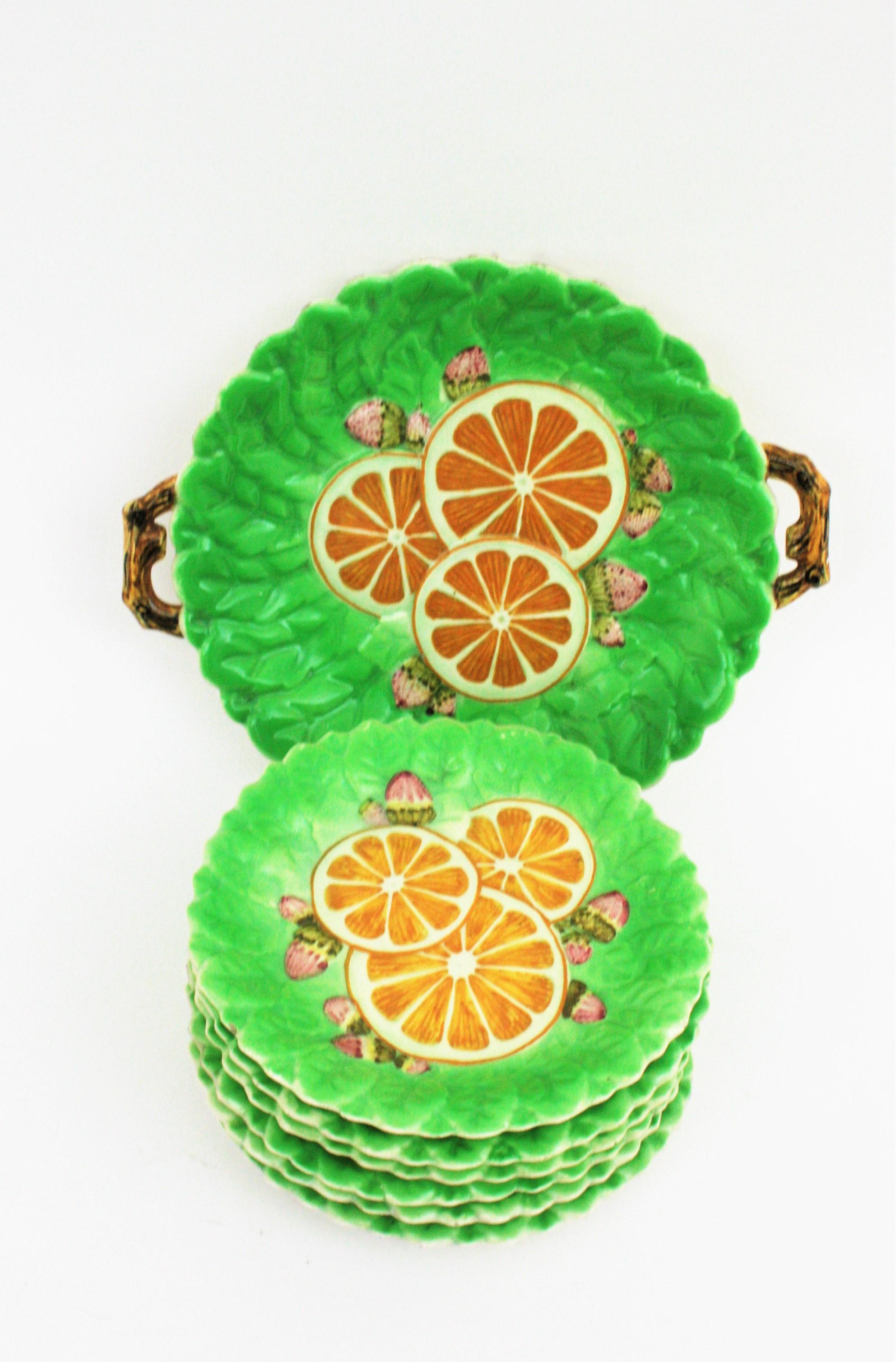 Art Deco Oranges Strawberries Majolica Ceramic Dinnerware Dessert Serving Set for Six