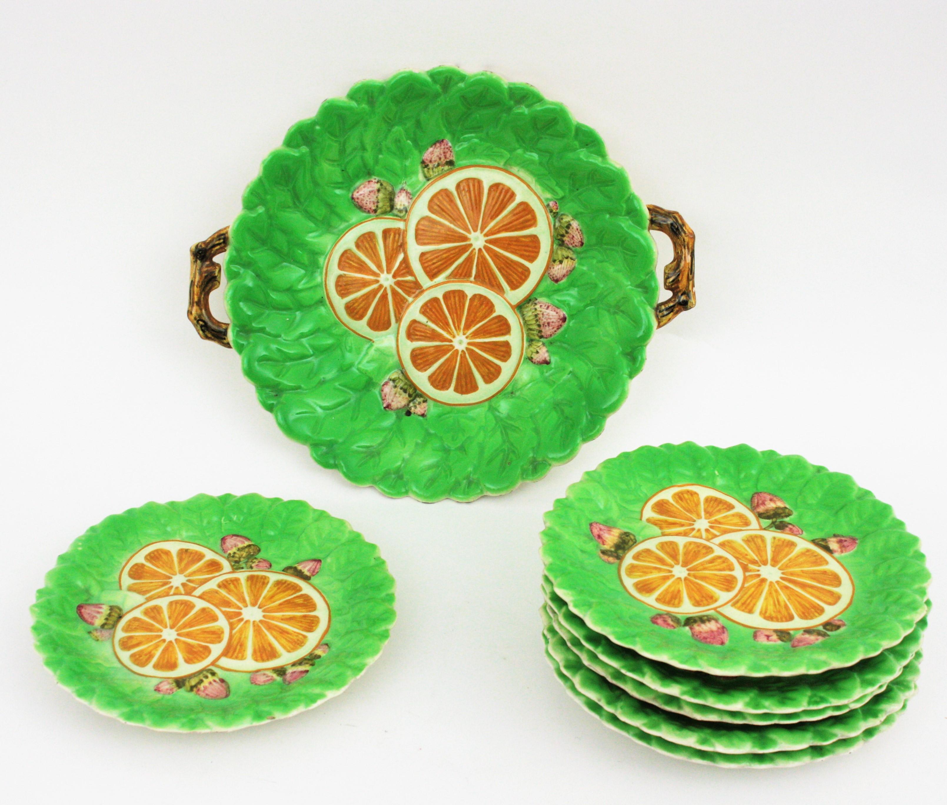 20th Century Oranges Strawberries Majolica Ceramic Dinnerware Dessert Serving Set for Six