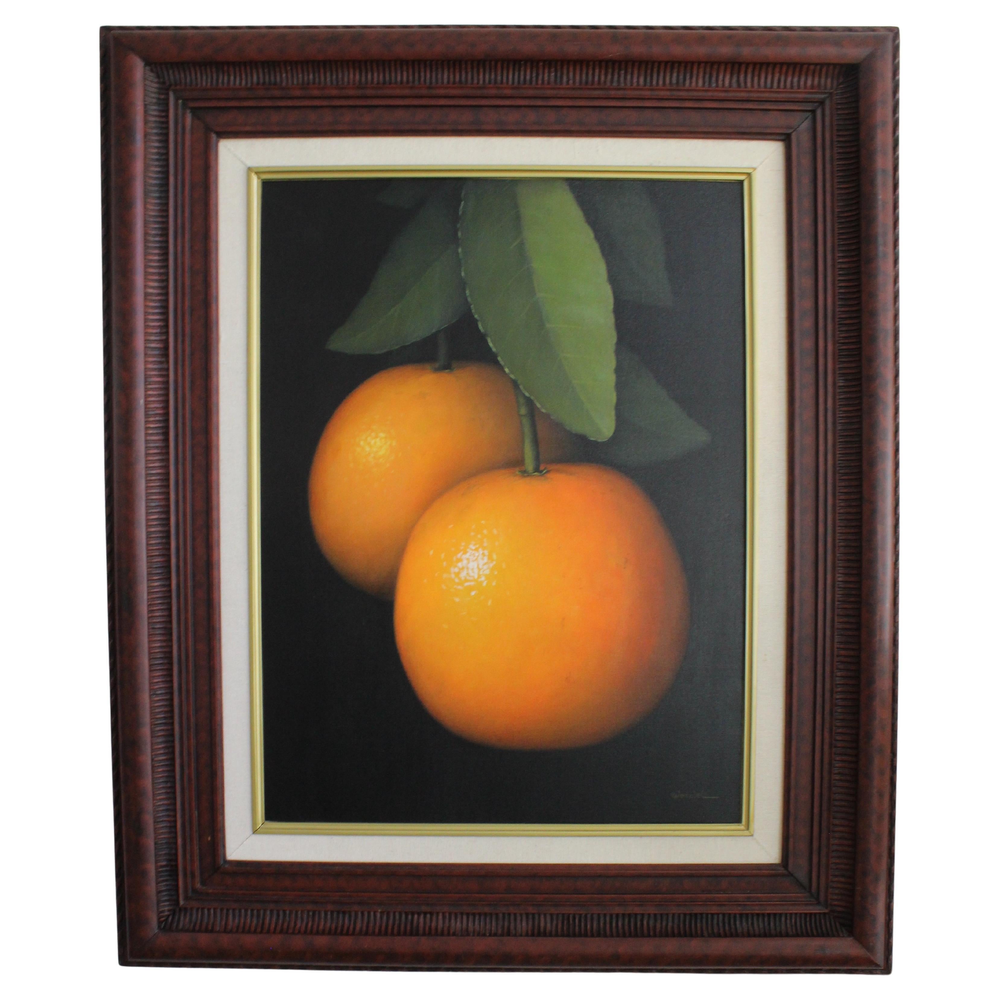 "Oranges avec feuilles" - Peinture à l'huile de Gustavo Valenzuela en vente
