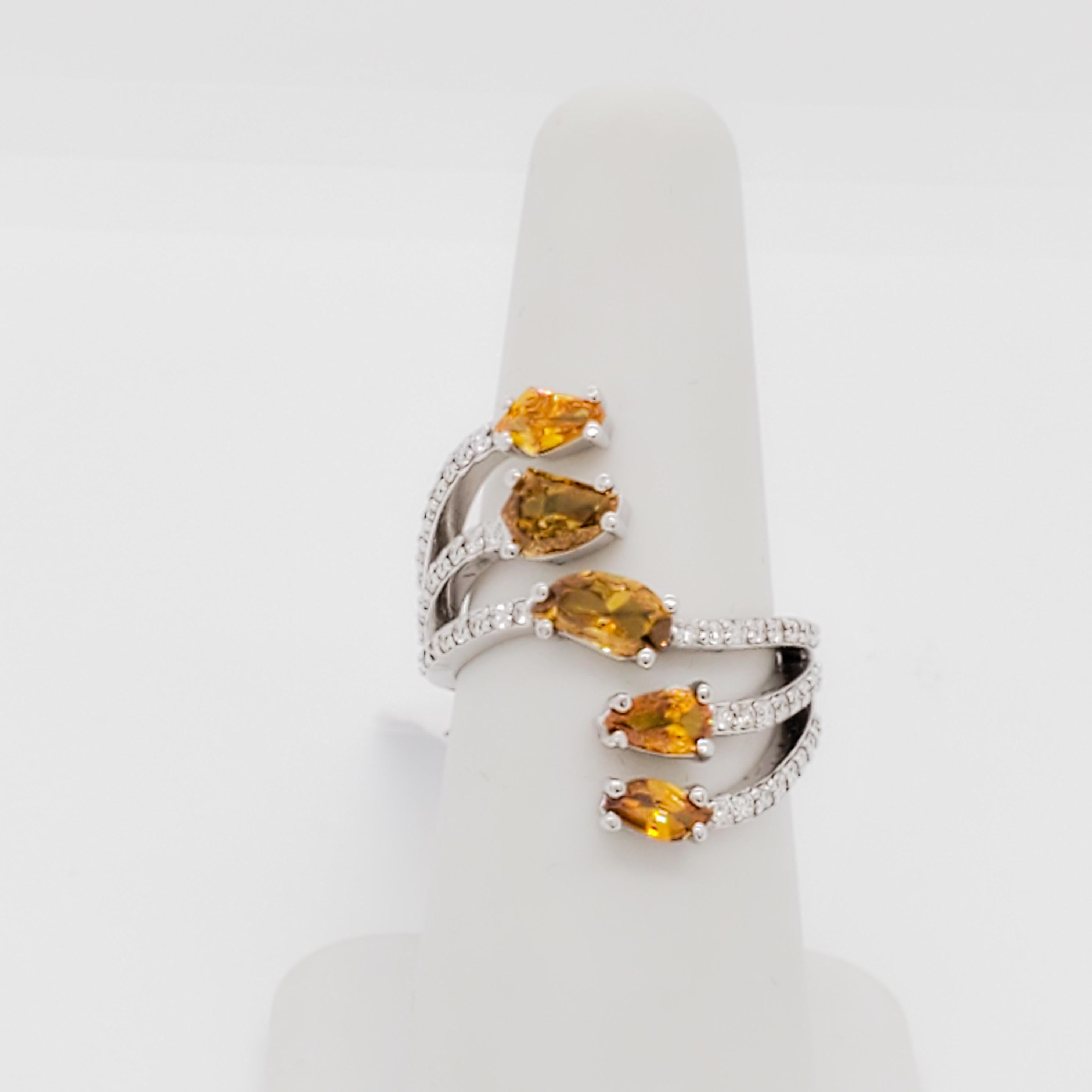 Marquise Cut Orangey Yellow Diamond and White Diamond Cocktail Ring in 18k White Gold For Sale