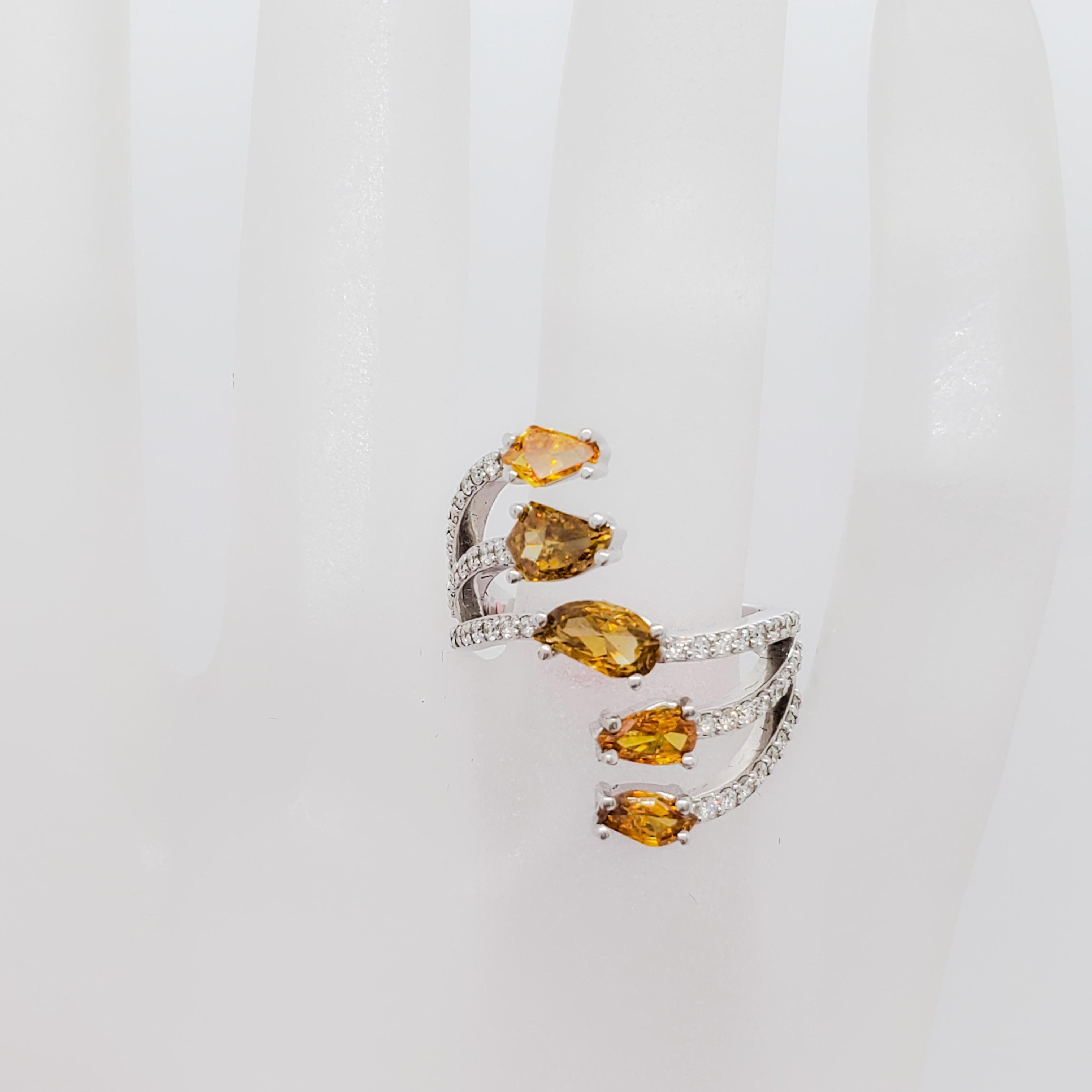 Women's or Men's Orangey Yellow Diamond and White Diamond Cocktail Ring in 18k White Gold For Sale