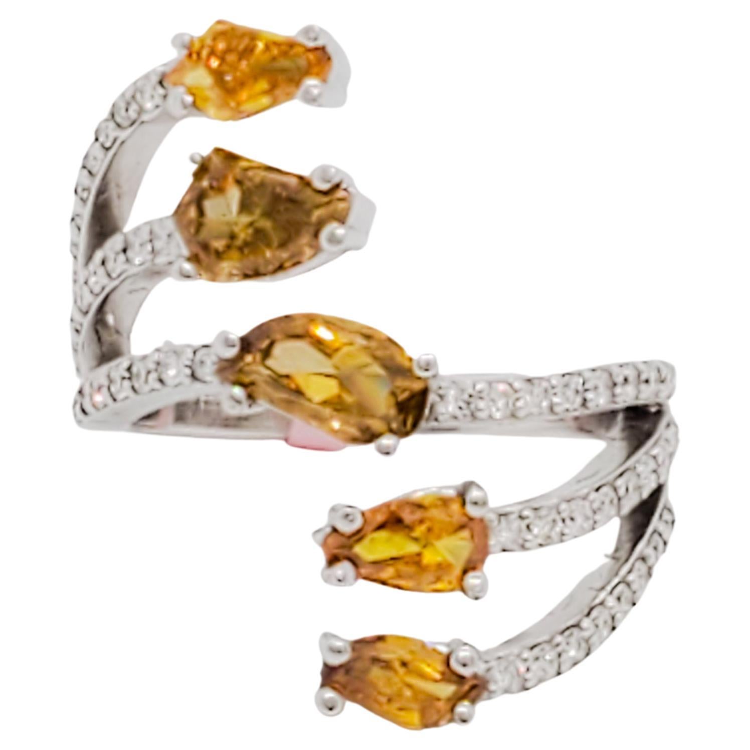 Orangey Yellow Diamond and White Diamond Cocktail Ring in 18k White Gold For Sale