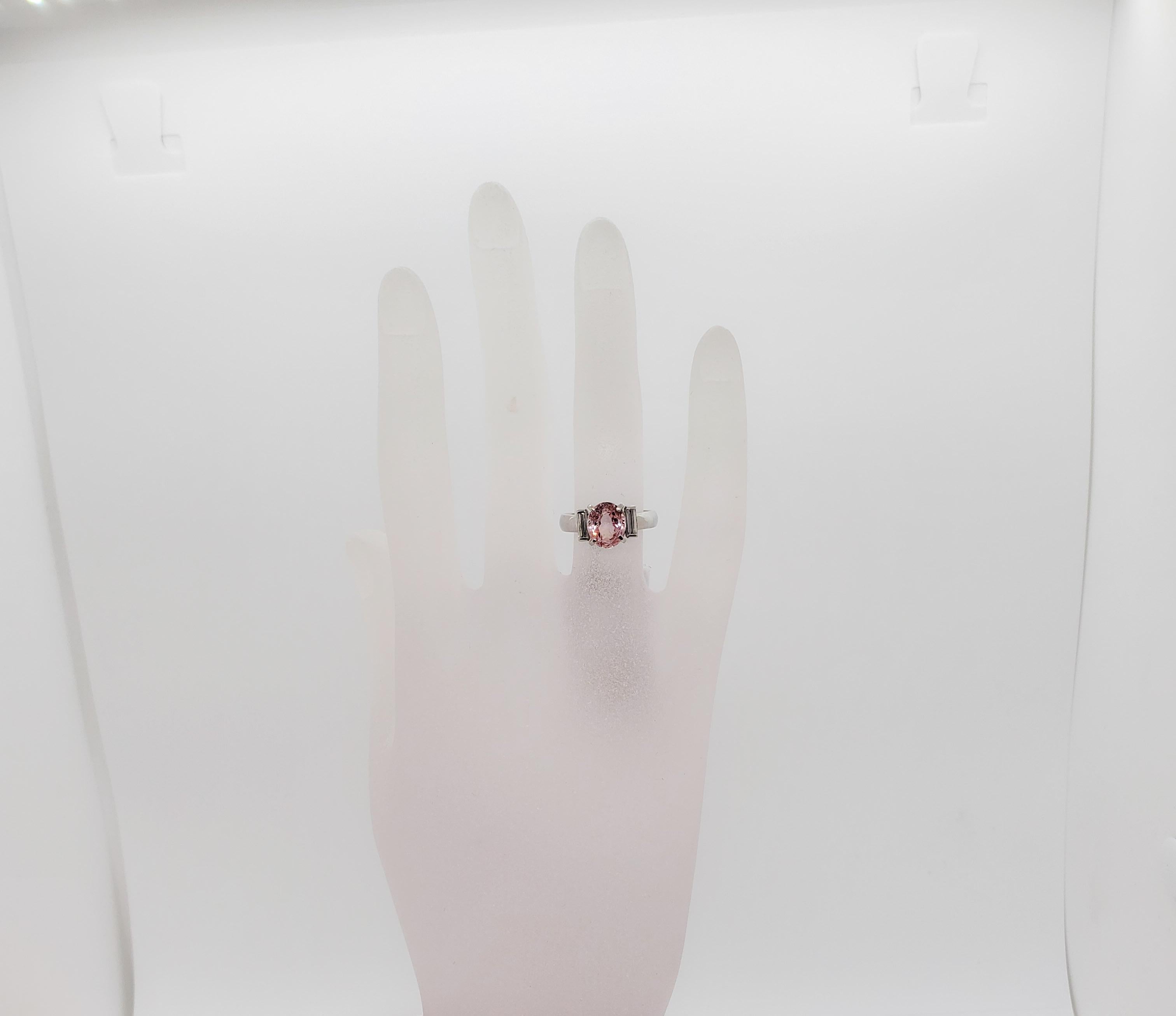 Oval Cut Orangy Pink Sapphire Oval and White Diamond 3-Stone Ring in Platinum