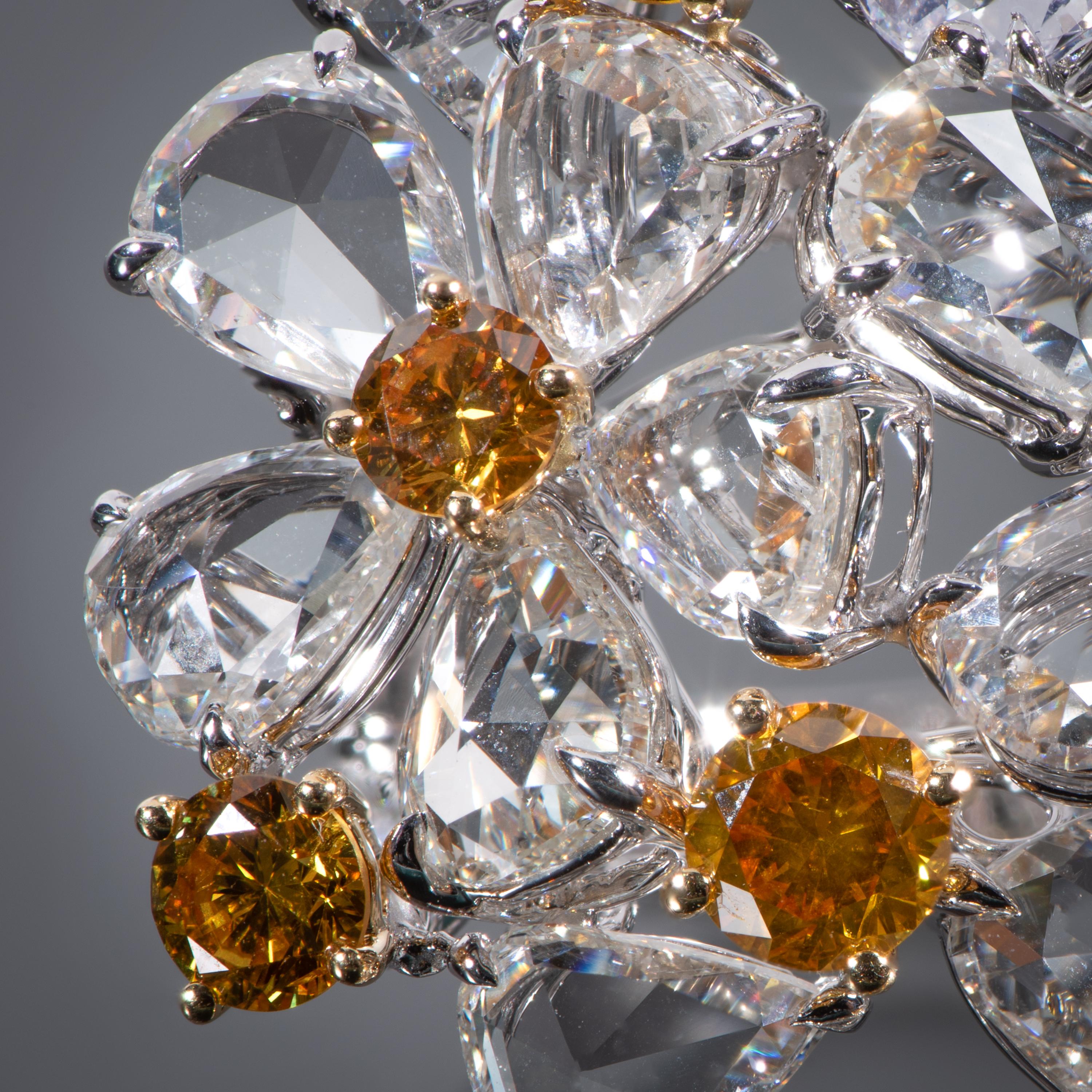 Round Cut Orangy Yellow Diamond and Diamond Multi-Flower Ring