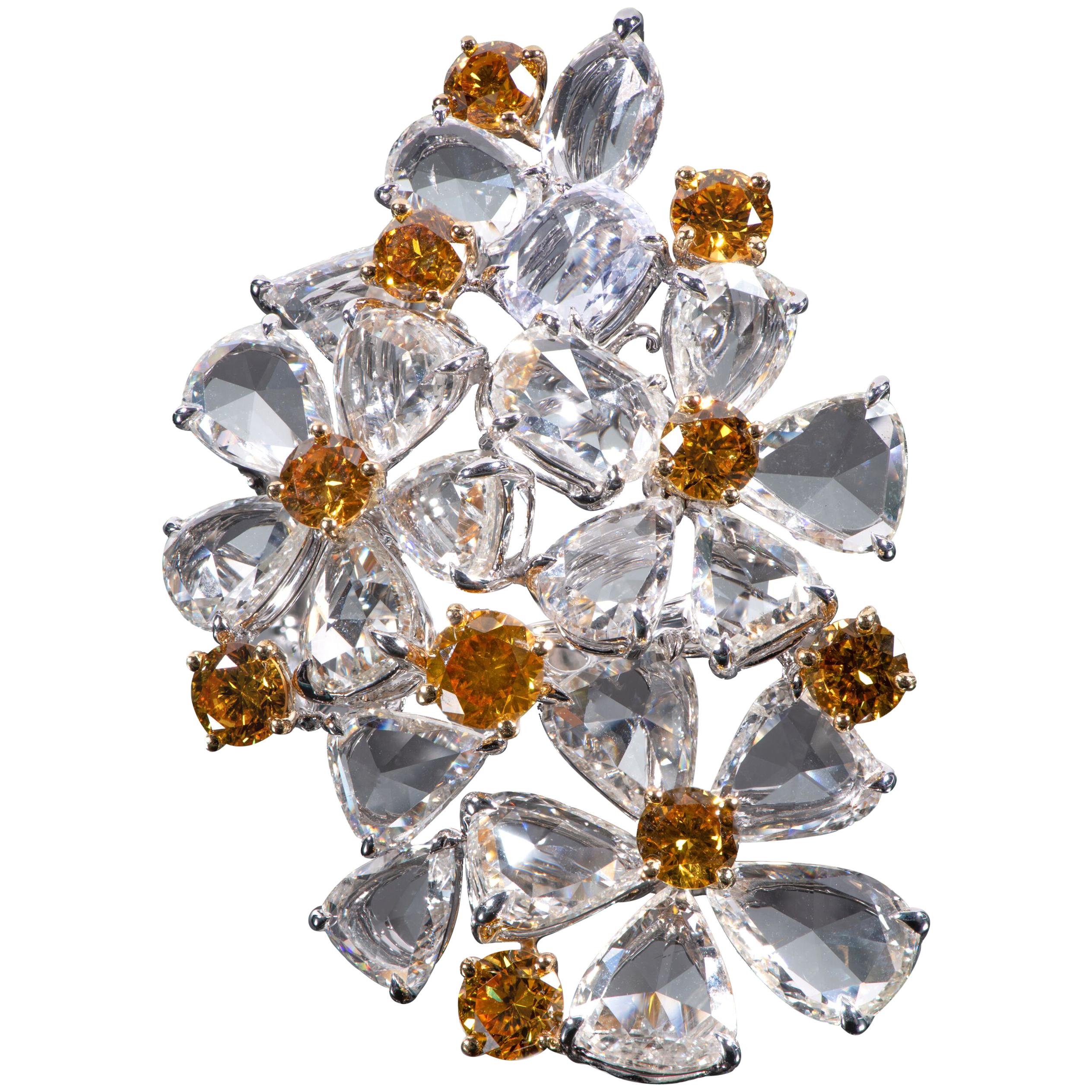 Orangy Yellow Diamond and Diamond Multi-Flower Ring