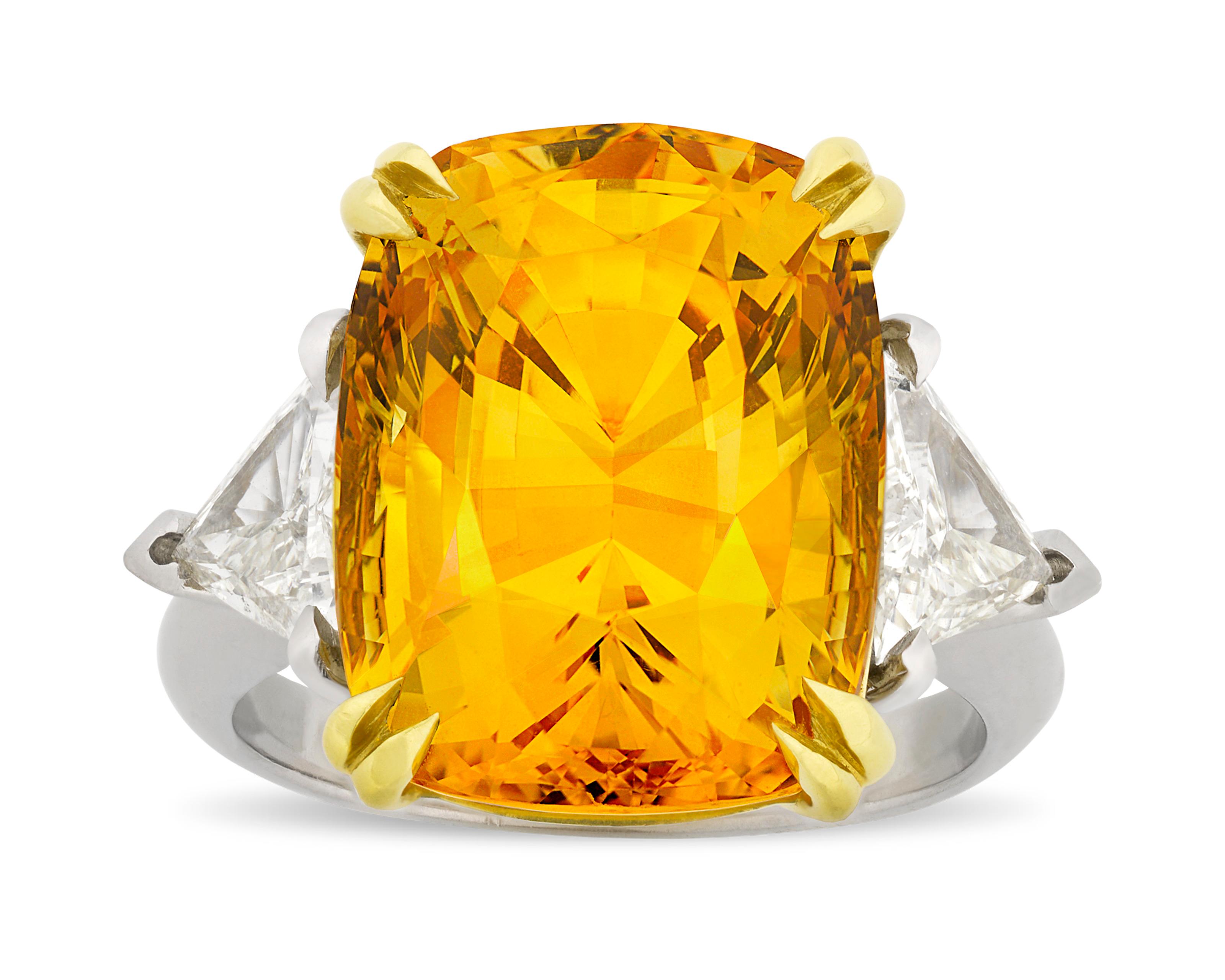 Brilliant Cut Orangy-Yellow Sapphire Ring, 15.83 Carat