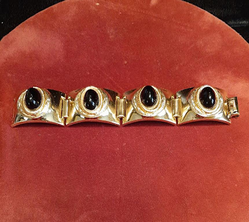 Oranium Paris, France 1950s Wide Gold Quilt & White Cabochon Bracelet 7