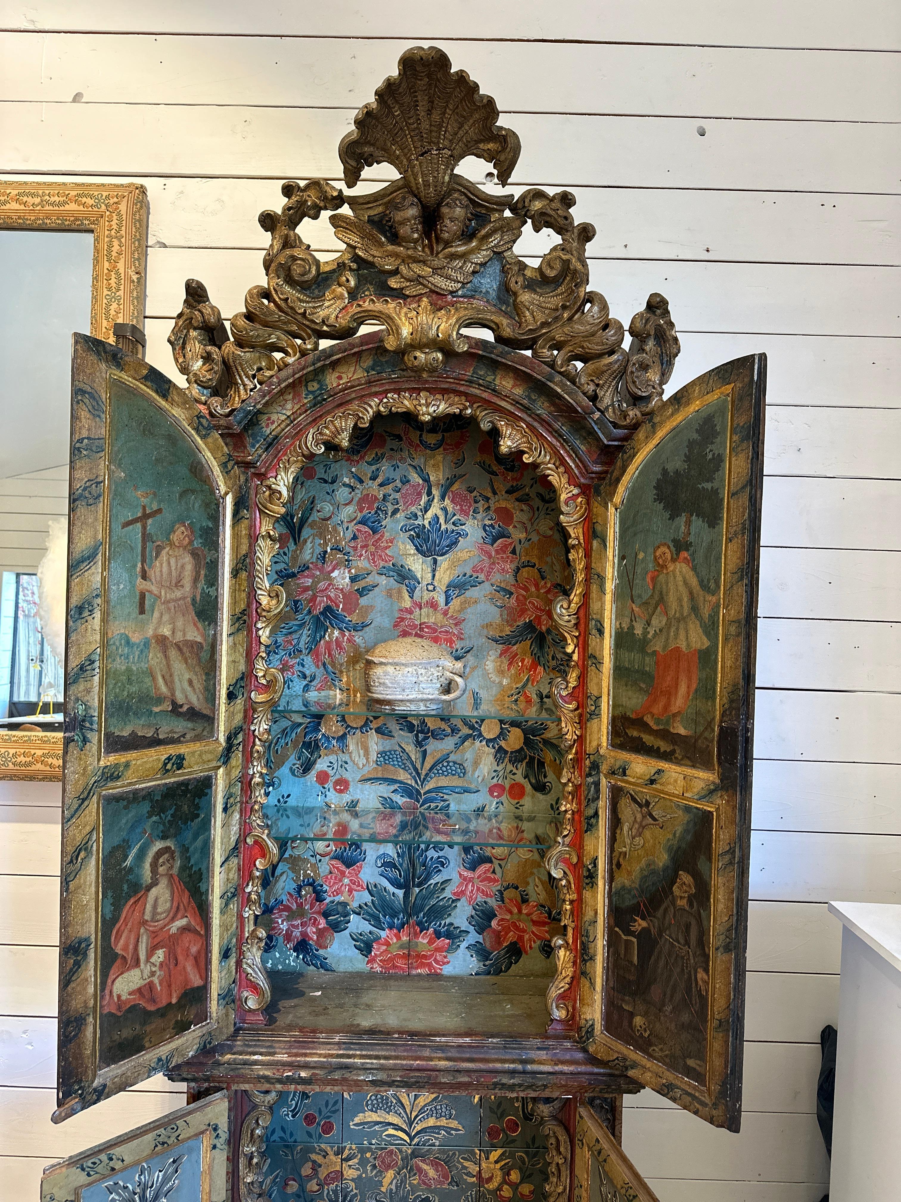 Oratoire D.João V / D.José sur pied Bois sculpté, polychrome, marbré et doré Rococó en venta