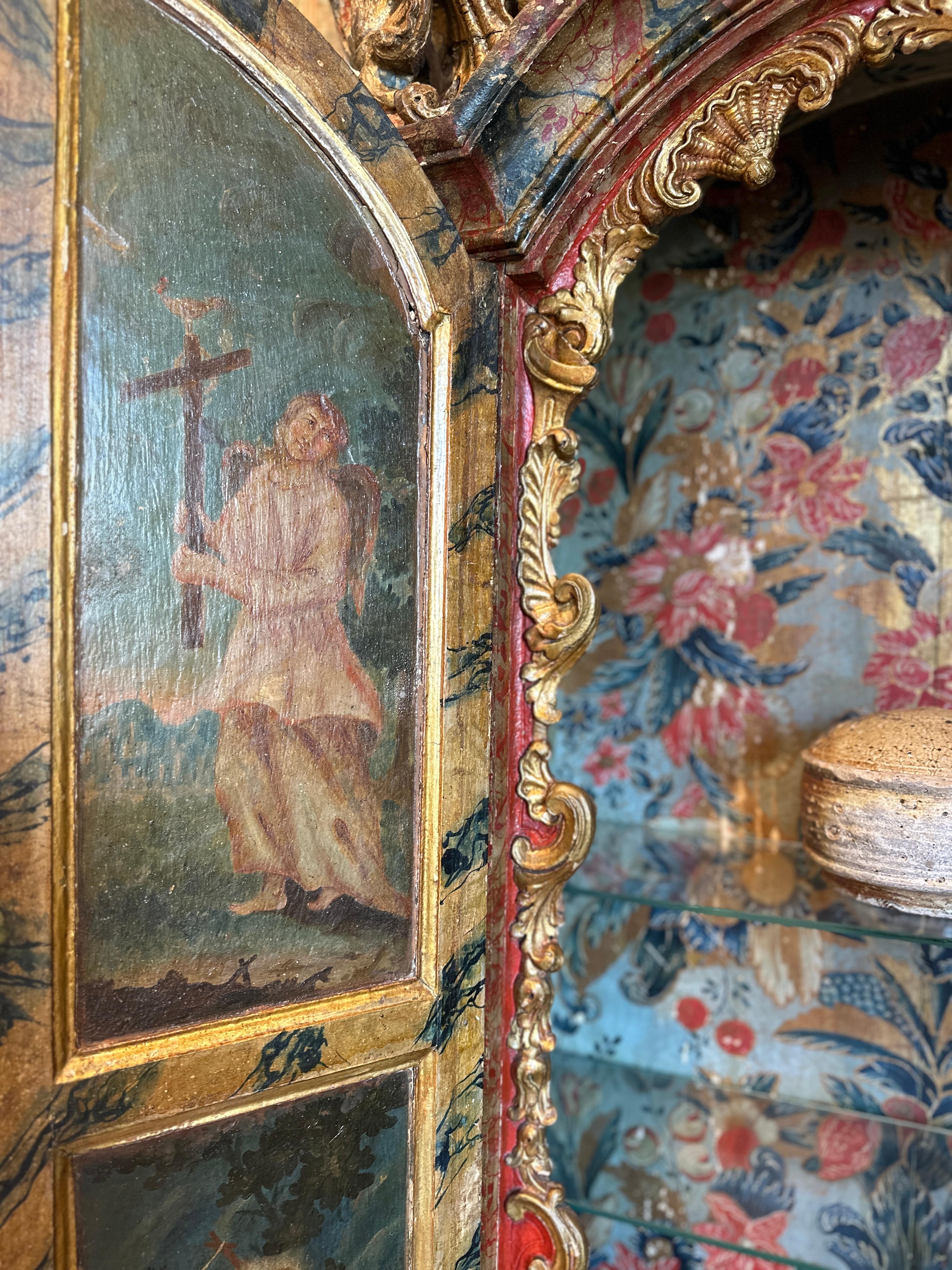 Oratoire D.João V / D.José sur pied Bois sculpté, polychrome, marbré et doré Portugués en venta