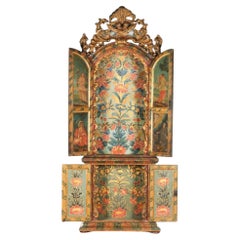 Antique Oratoire D.João V / D.José sur pied Bois sculpté, polychrome, marbré et doré
