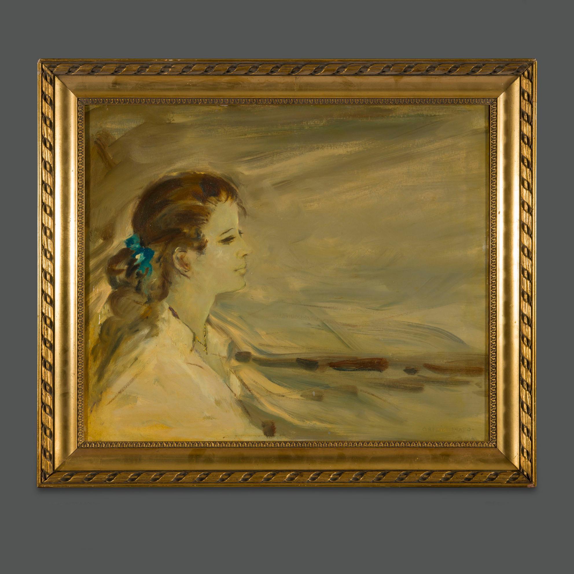 Important, wonderful painting signed by the famous Italian artist Orazio Amato
Portrait of young woman with landscape, oil on canvas signed 

This artwork, never before on the market, comes from an important private collection and is beautified by