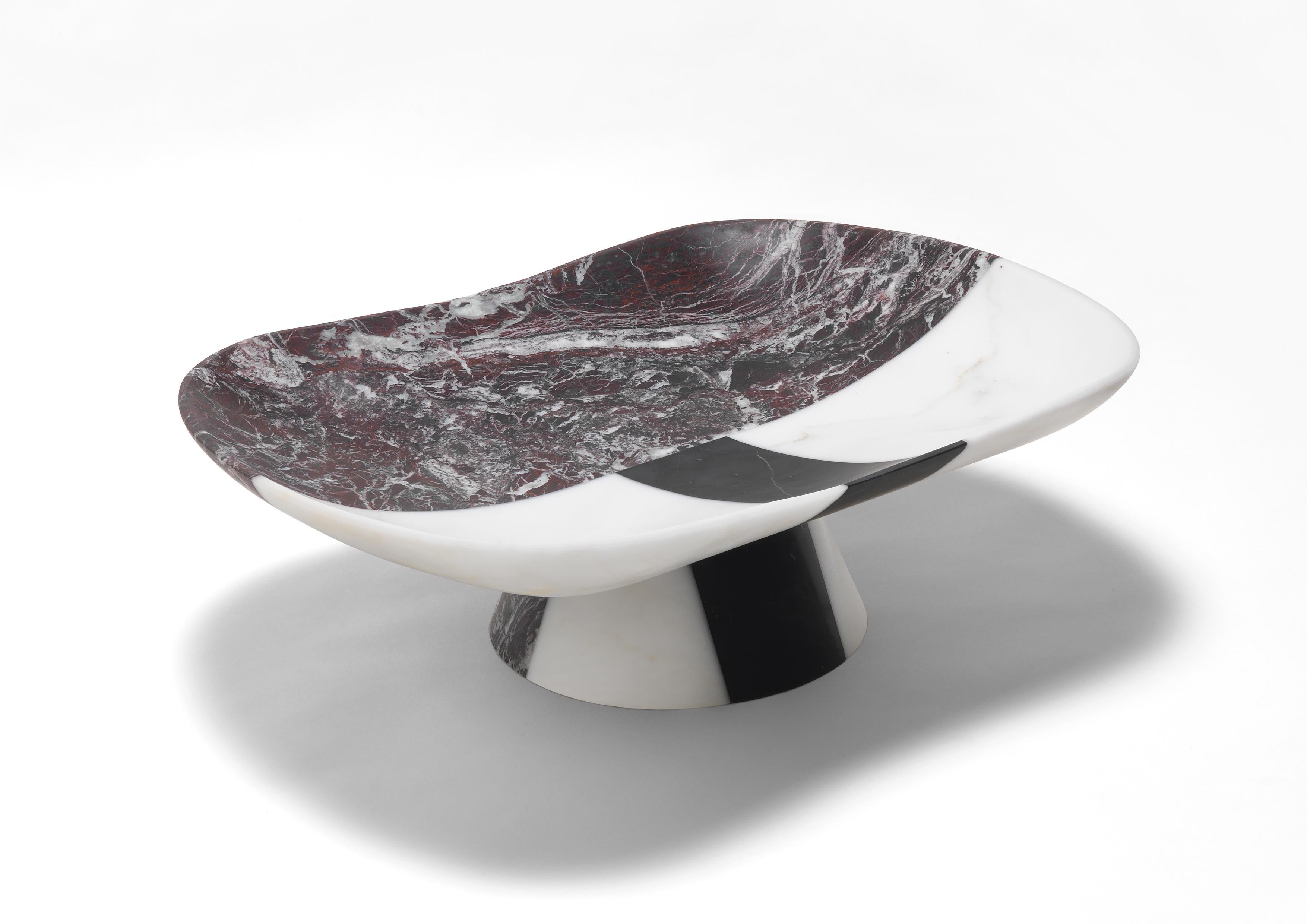 Orazio marble centerpiece by Matteo Cibic
Dimensions: 18.9 x 14 x 5.8 cm
Materials: 
Bianco
Michelangelo,
Rosso Levanto,
Nero Marquinia

Please note that the Cibic pieces with “ears” or tray handles are ornamental and not functional. 
Use them can
