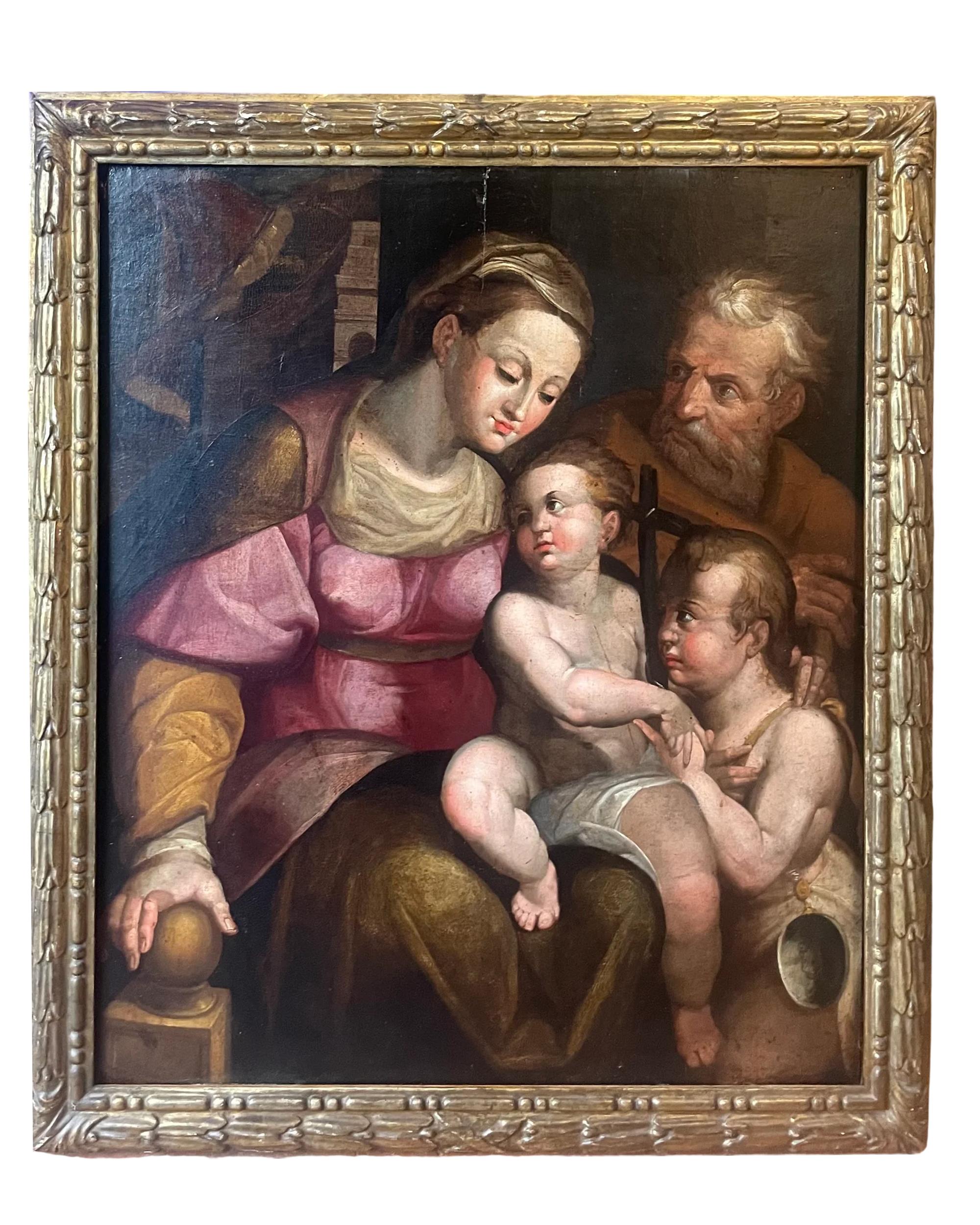 Orazio Samacchini Figurative Painting – Heilige Familie mit dem Heiligen Johannes, italienische Renaissance, 16. Jahrhundert, Öl auf Holztafel