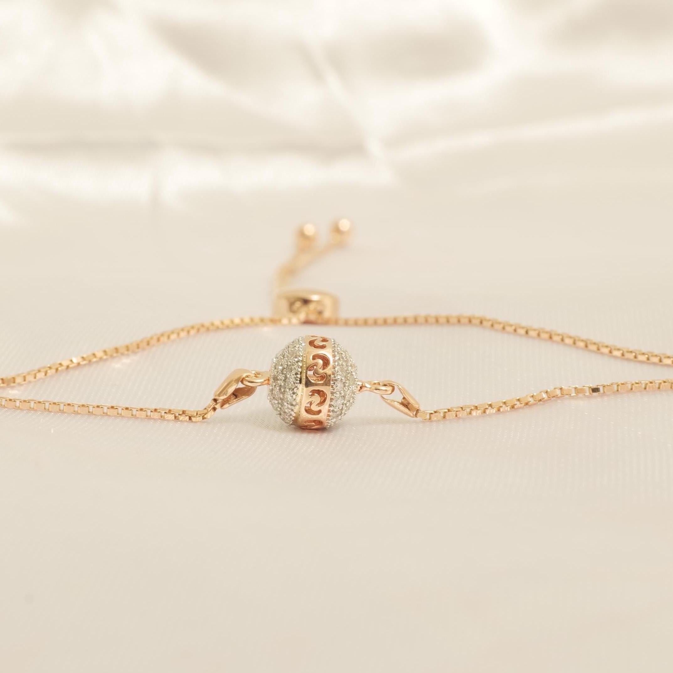 De las mujeres Pulsera Ajustable Bolo de Diamantes Orbe en Oro Macizo de 14k (Certificado) en venta