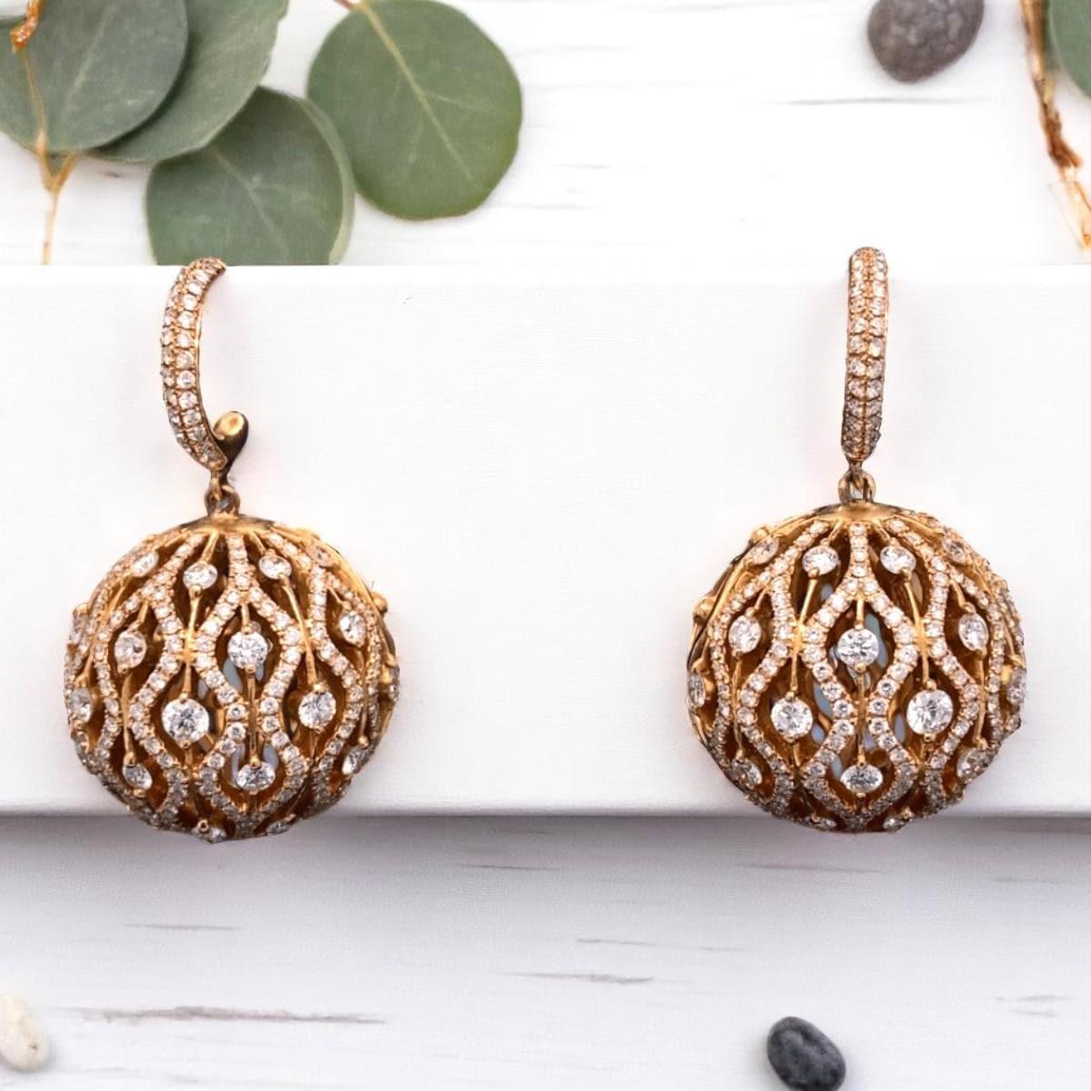 Taille ronde Boucles d'oreilles pendantes orbe en or massif 14K (certifié) en vente