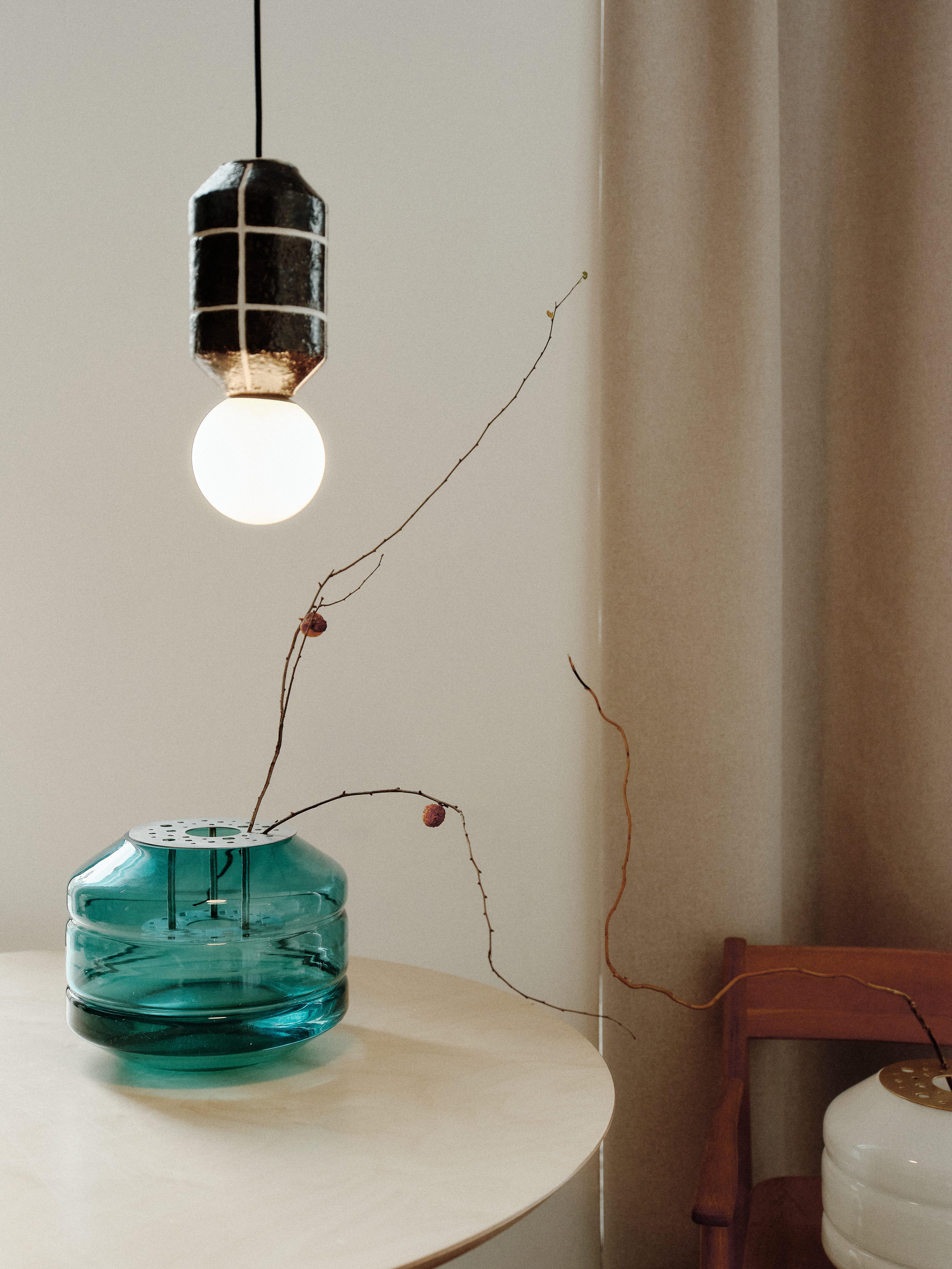 Ceramic Orb Minimalist Blown-Glass Transparent Vase and Minimalist Small Led Table Lamp For Sale