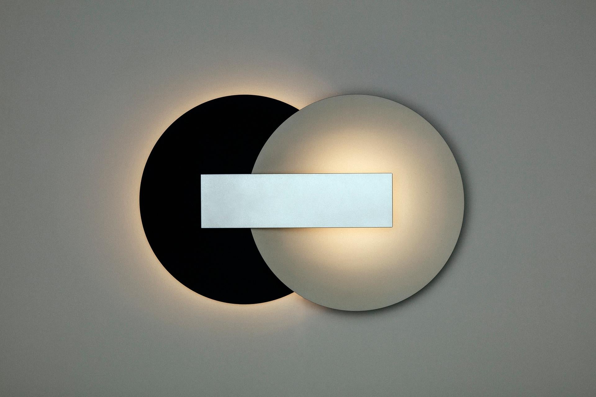 International Style Orbe Wall Lamp, by Rain, Contemporary Lamp, Brass & Aluminum, Black and Silver For Sale