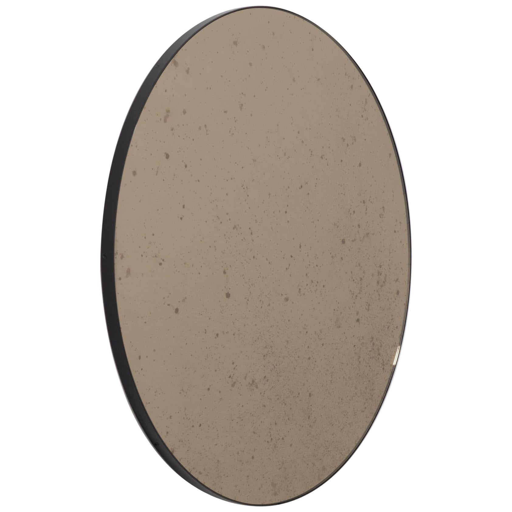 Orbis Antiqued Bronze Tinted Modernist Round Mirror with Black Frame, Large For Sale