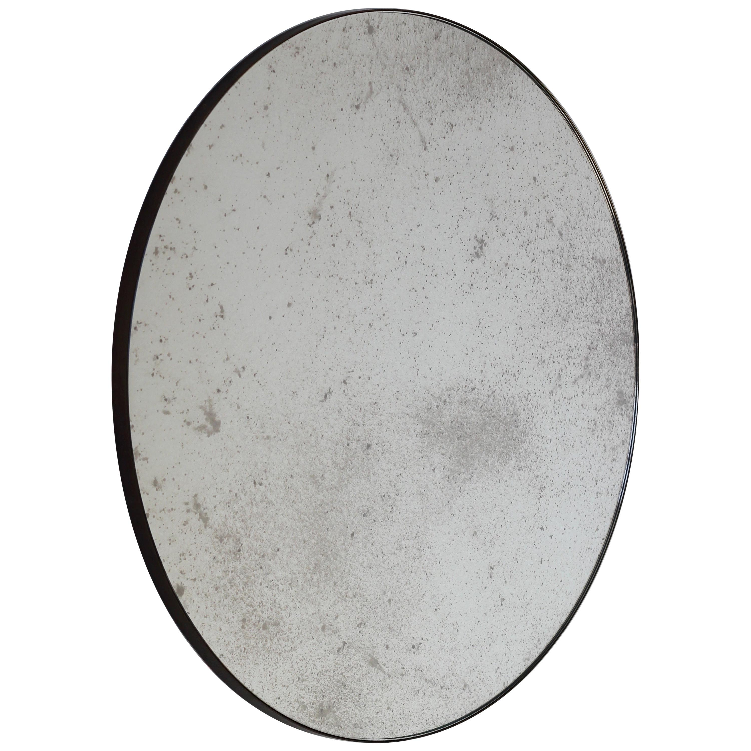 Orbis Round Antiqued Art Deco Mirror with Brass Patina Frame, XL