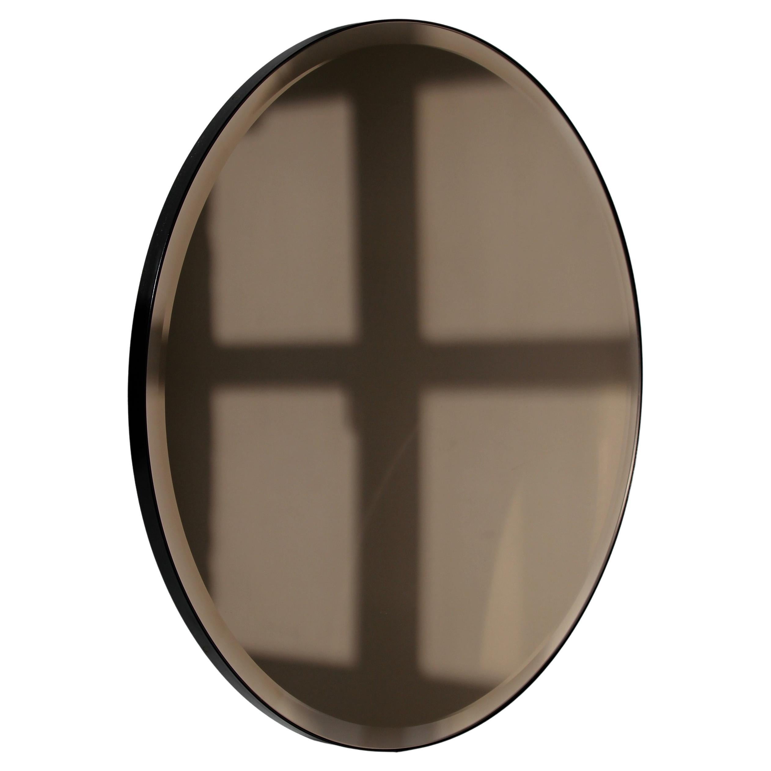 Orbis Bevelled Bronze Tinted Round Art Deco Mirror with a Black Frame, Large