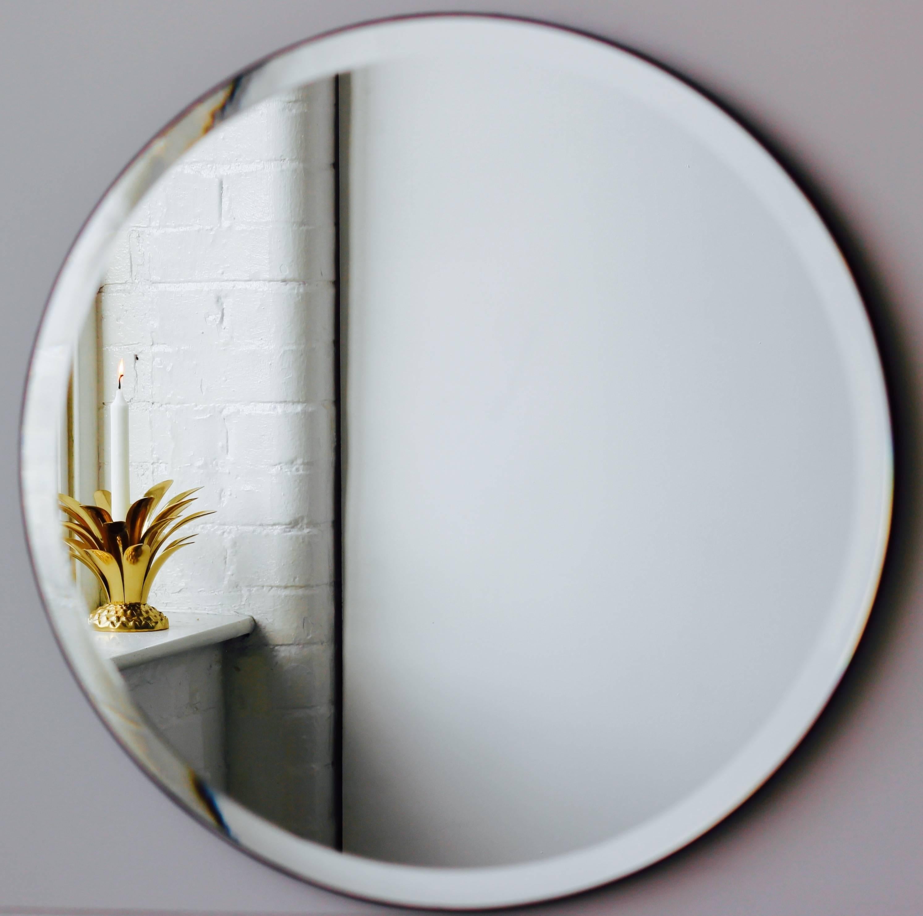 British Orbis Bevelled Circular Frameless Art Deco Mirror with Velvet Backing, Regular For Sale
