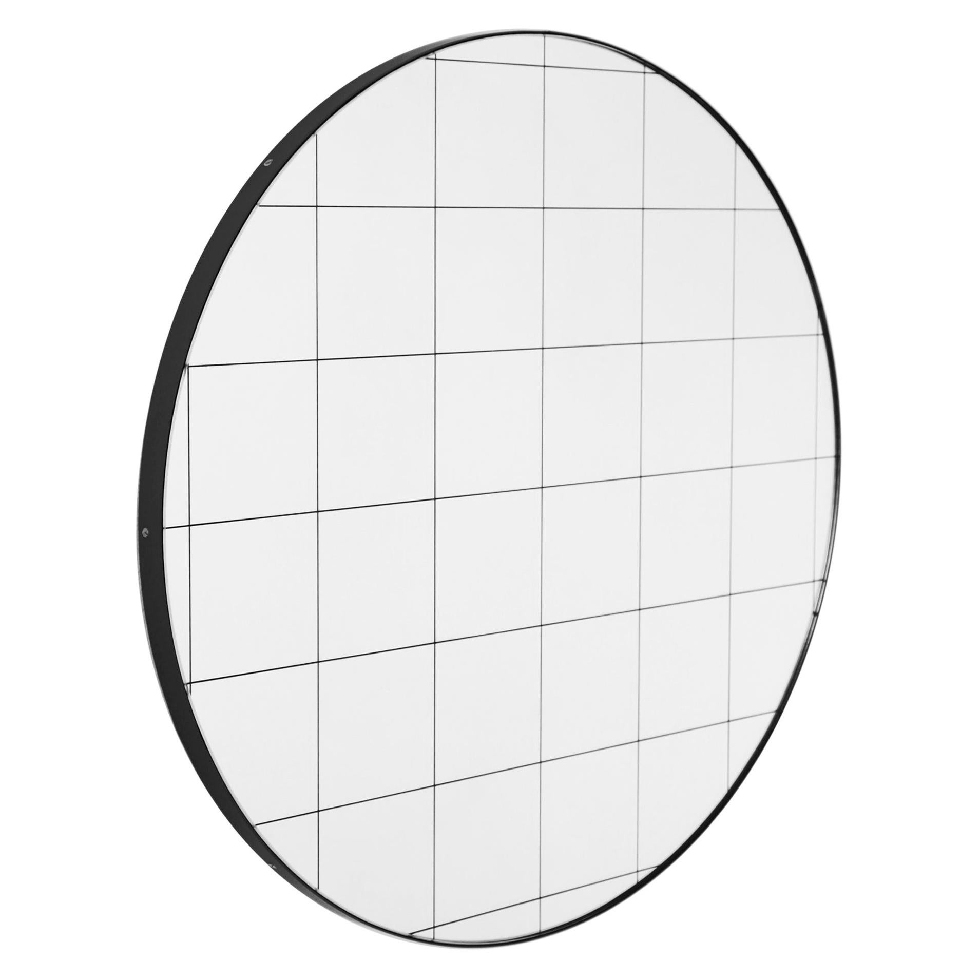 Orbis Black Grid Sandblasted Round Modern Mirror with Black Frame, Medium