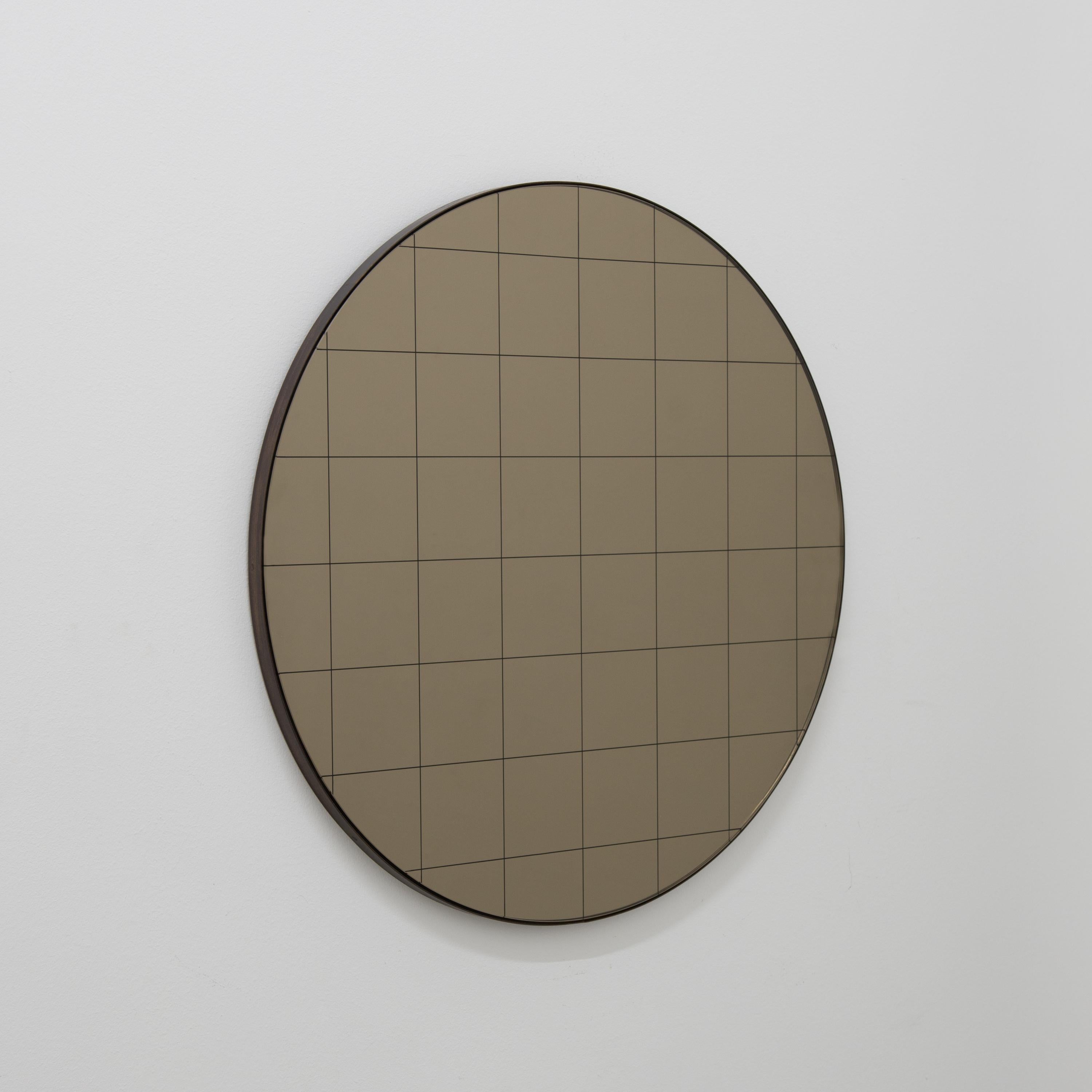 Organic Modern Orbis Bronze Round Mirror with Sandblasted Grid and Patina Frame, Regular