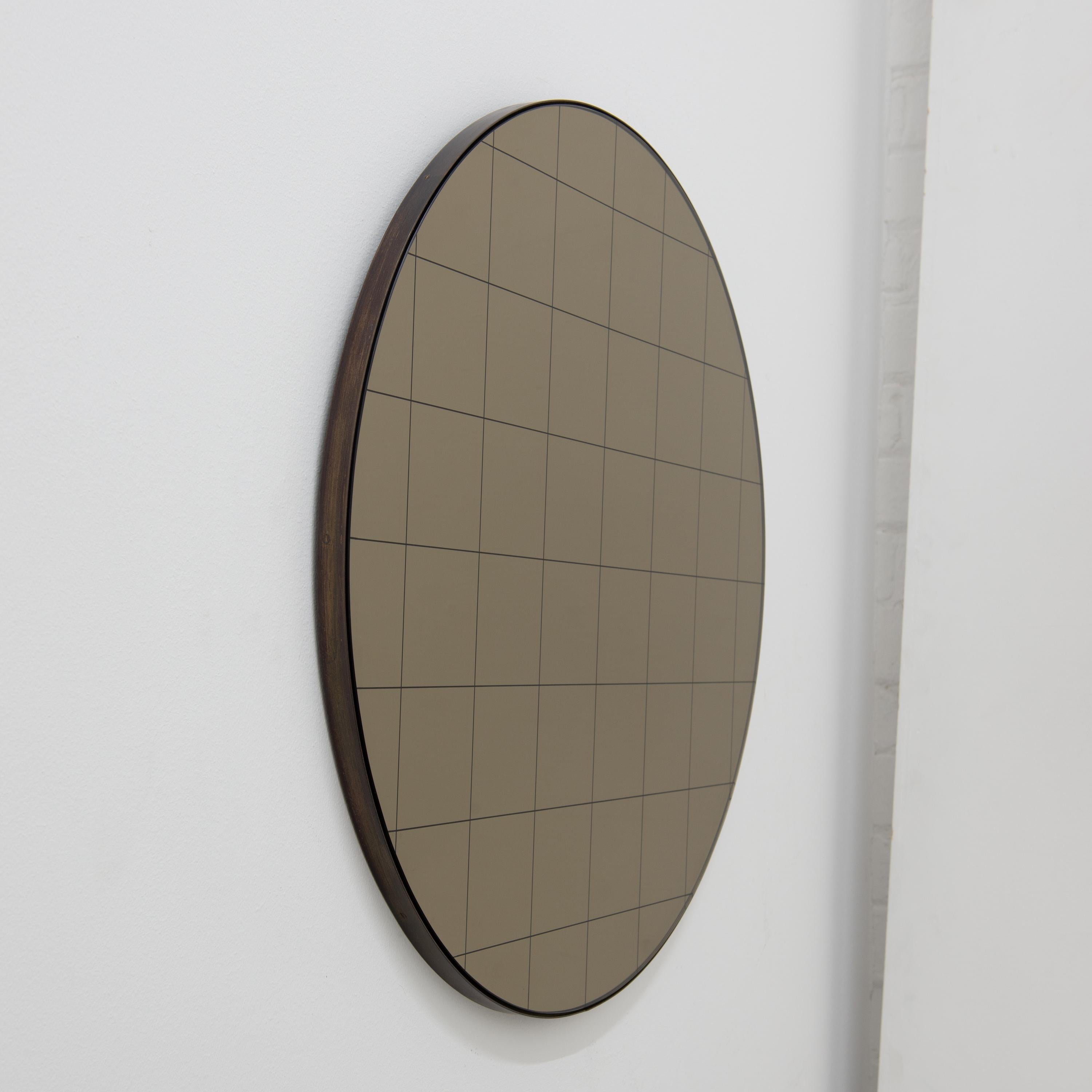 British Orbis Bronze Round Mirror with Sandblasted Grid and Patina Frame, Regular