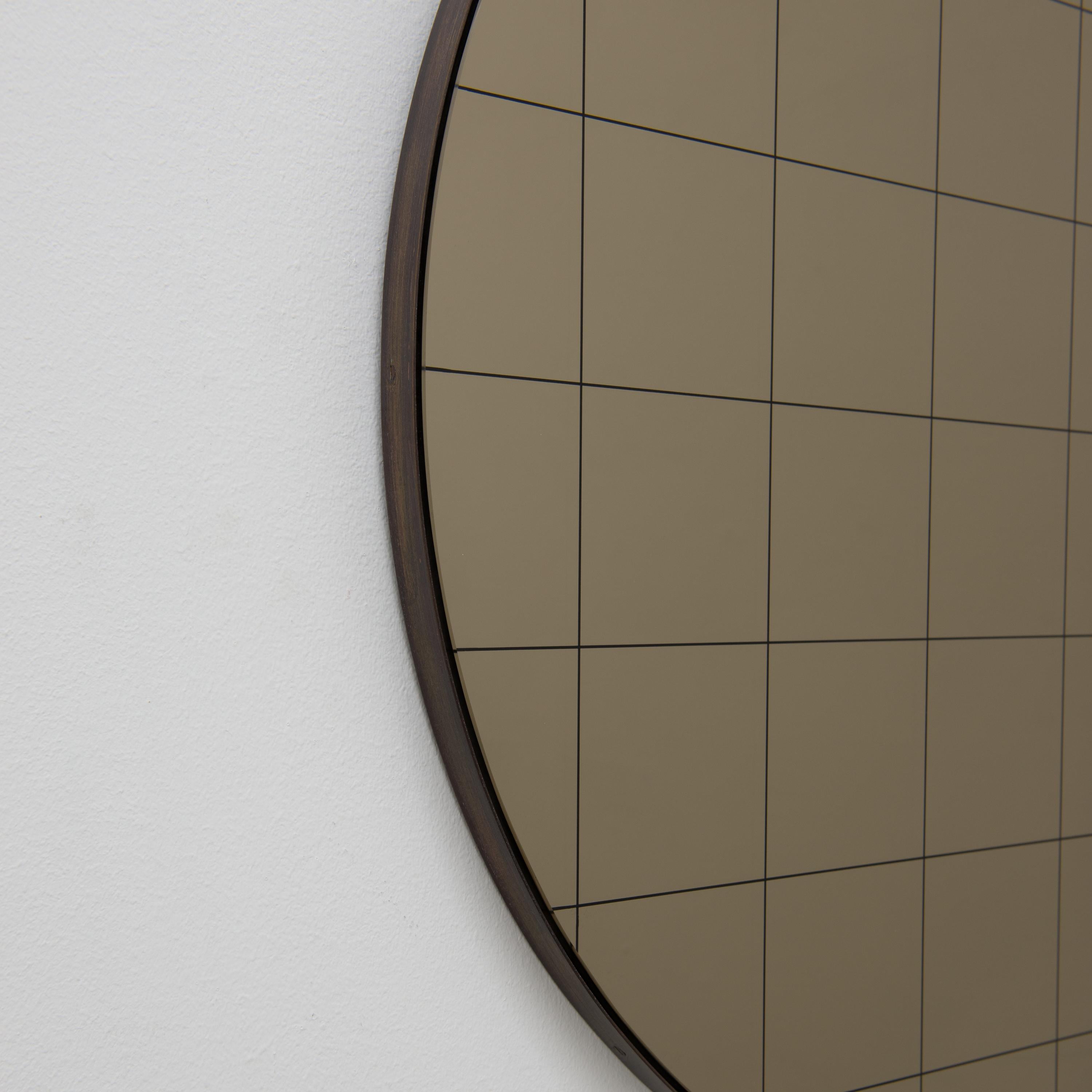 Contemporary Orbis Bronze Round Mirror with Sandblasted Grid and Patina Frame, Regular