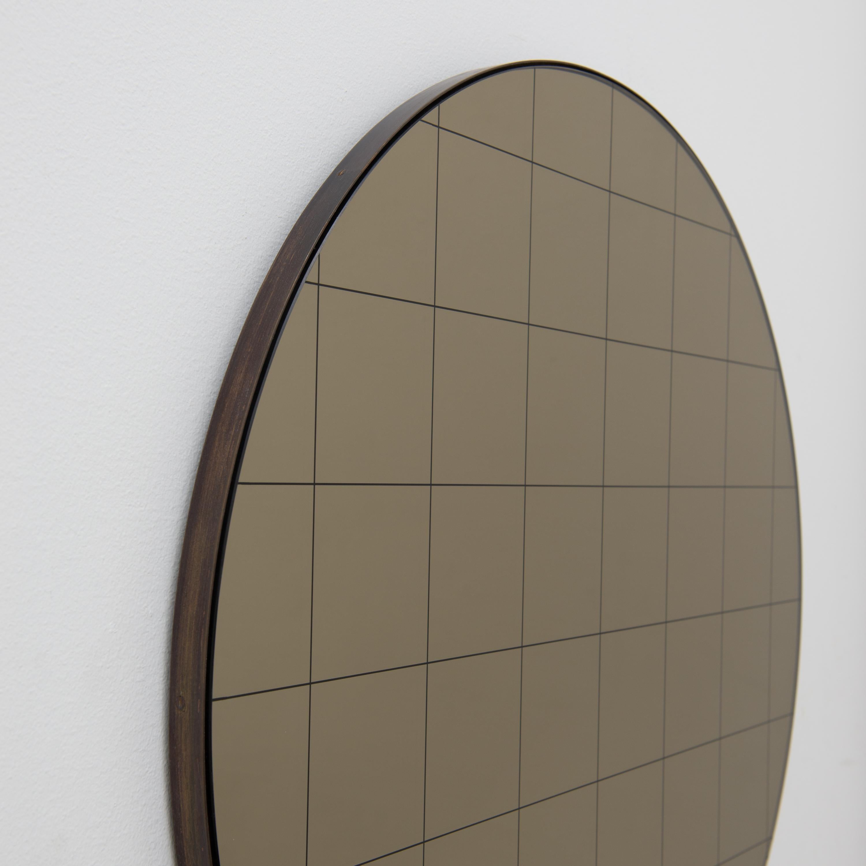Orbis Bronze Round Modern Mirror with Sandblasted Grid and Patina Frame, Small In New Condition In London, GB