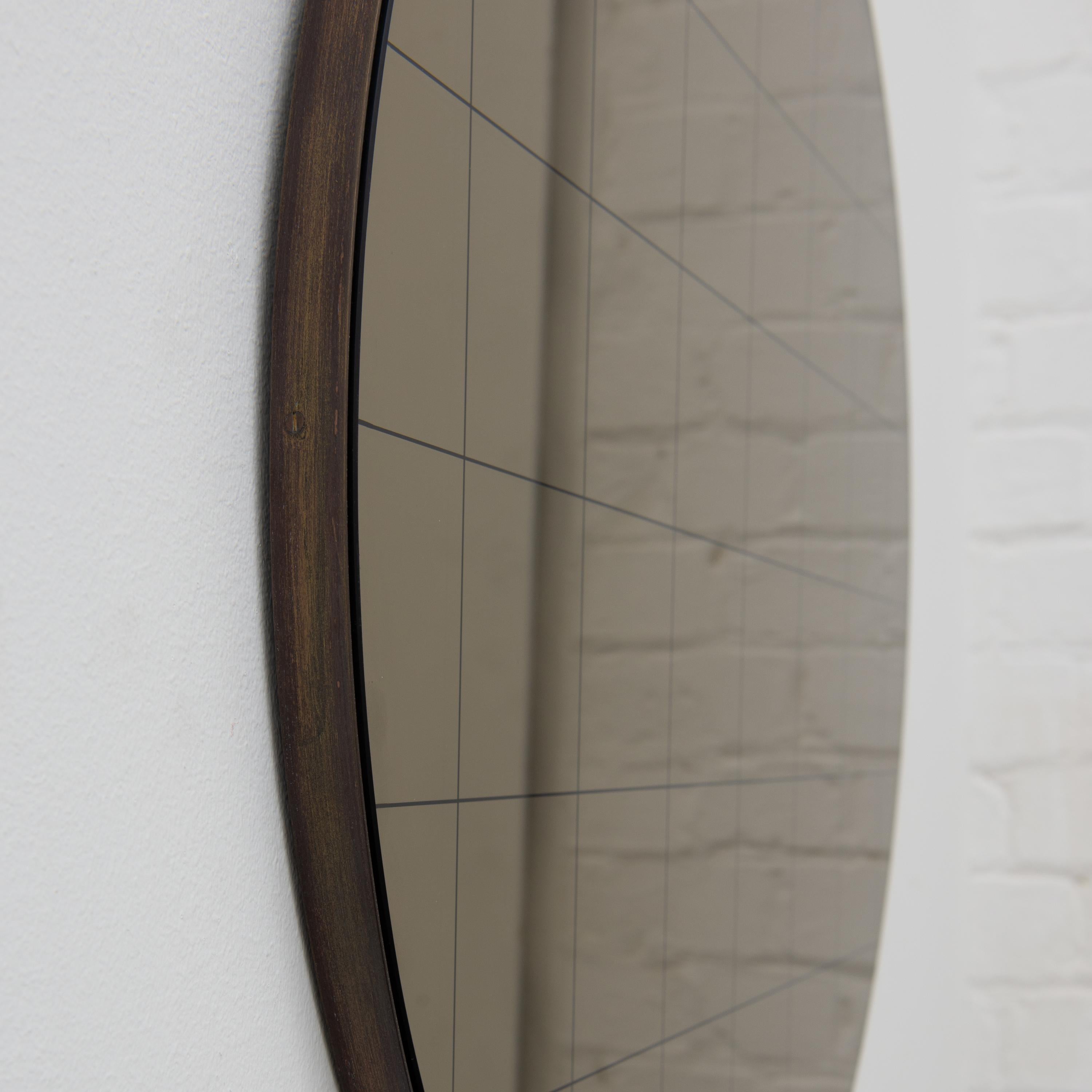 Brass Orbis Bronze Round Modern Mirror with Sandblasted Grid and Patina Frame, Small