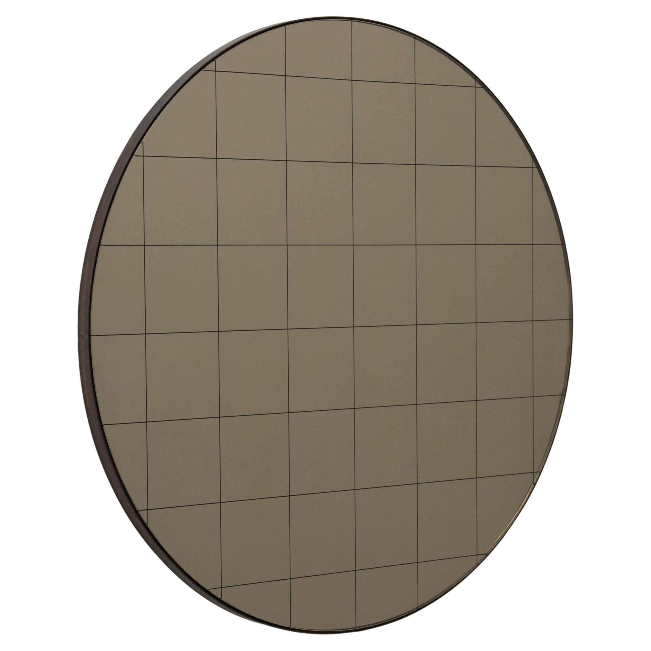 Orbis Bronze Round Modern Mirror with Sandblasted Grid and Patina Frame, Small