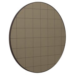 Orbis Bronze Round Mirror with Etched Grid and Patina Frame, Customisable, Small