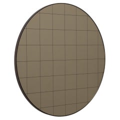 Orbis Bronze Round Modern Mirror with Sandblasted Grid and Patina Frame, Small