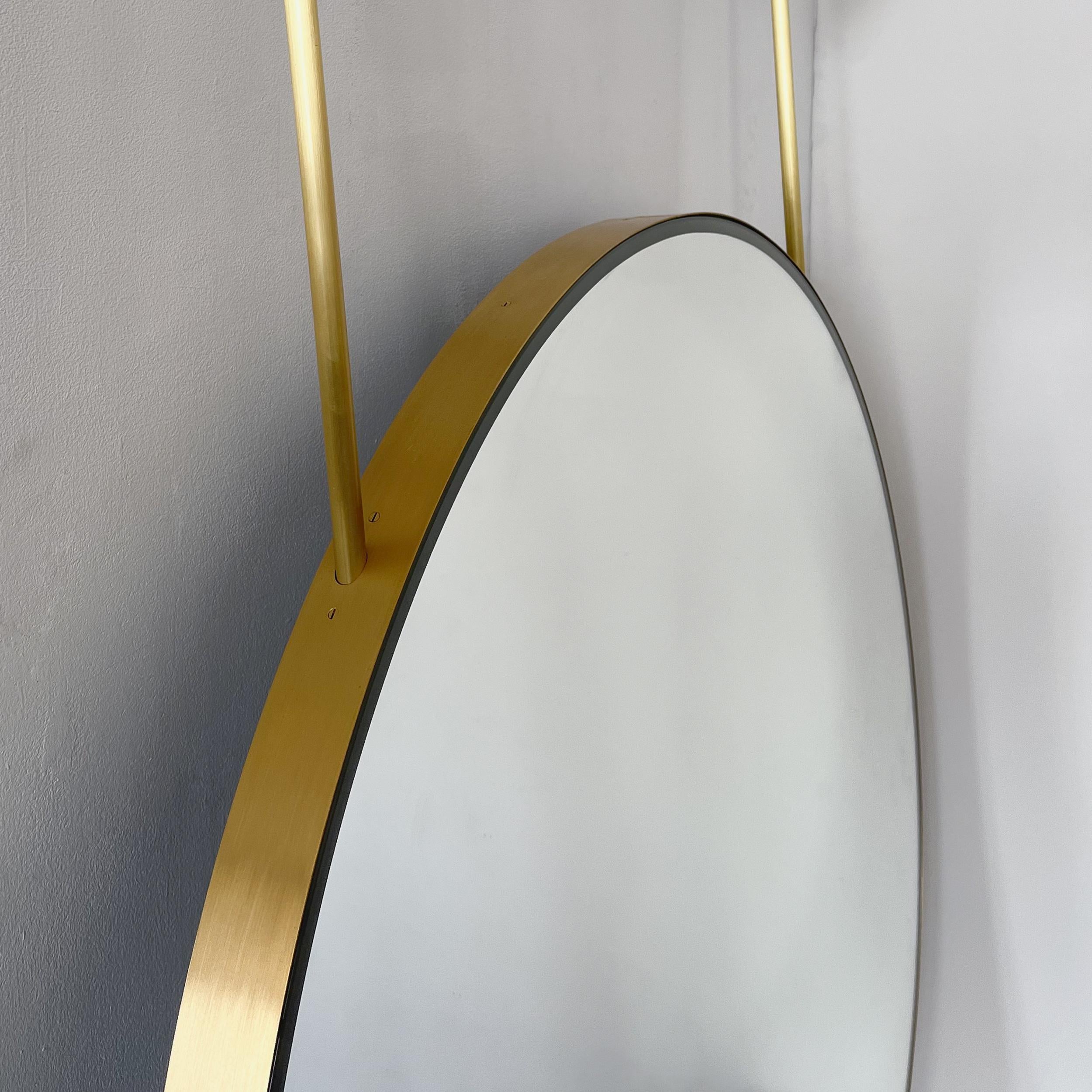 Modern Orbis Ceiling Suspended Illuminated Round Mirror with Brass Frame and Two Arms For Sale