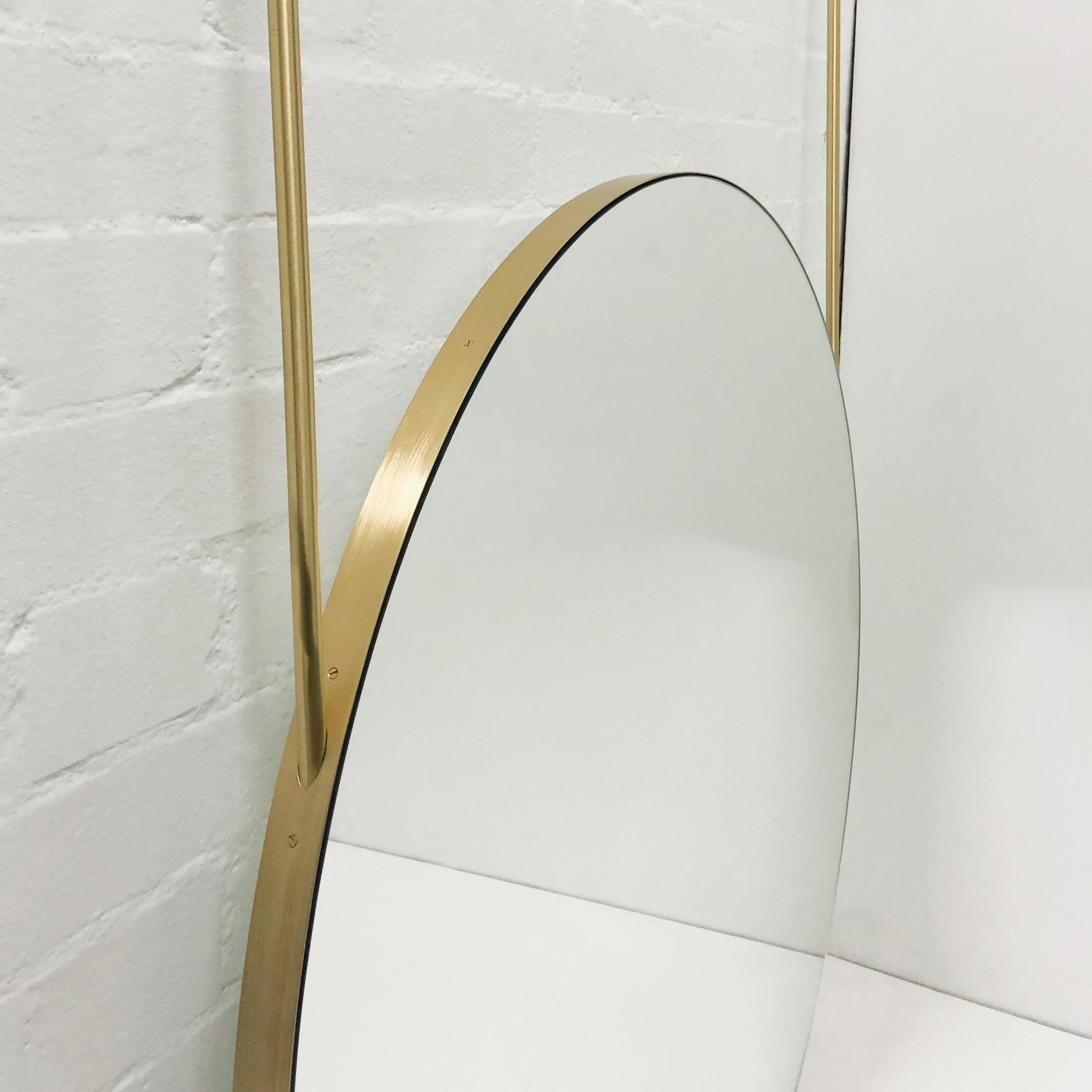 British Orbis Ceiling Suspended Round Mirror with Brushed Brass Frame and Two Arms For Sale