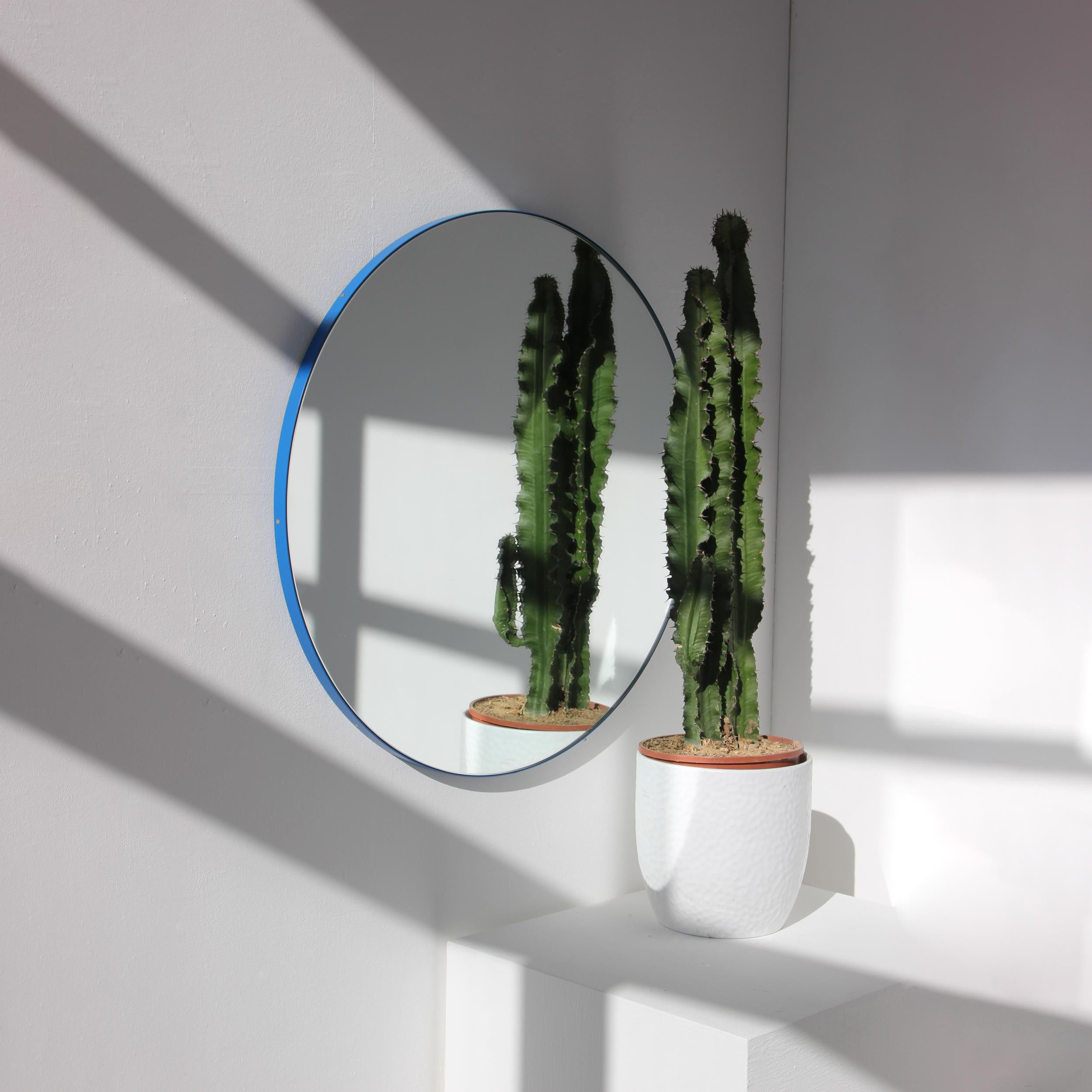 Contemporary Orbis Circular Modern Mirror with Minimalist Blue Frame, Medium For Sale