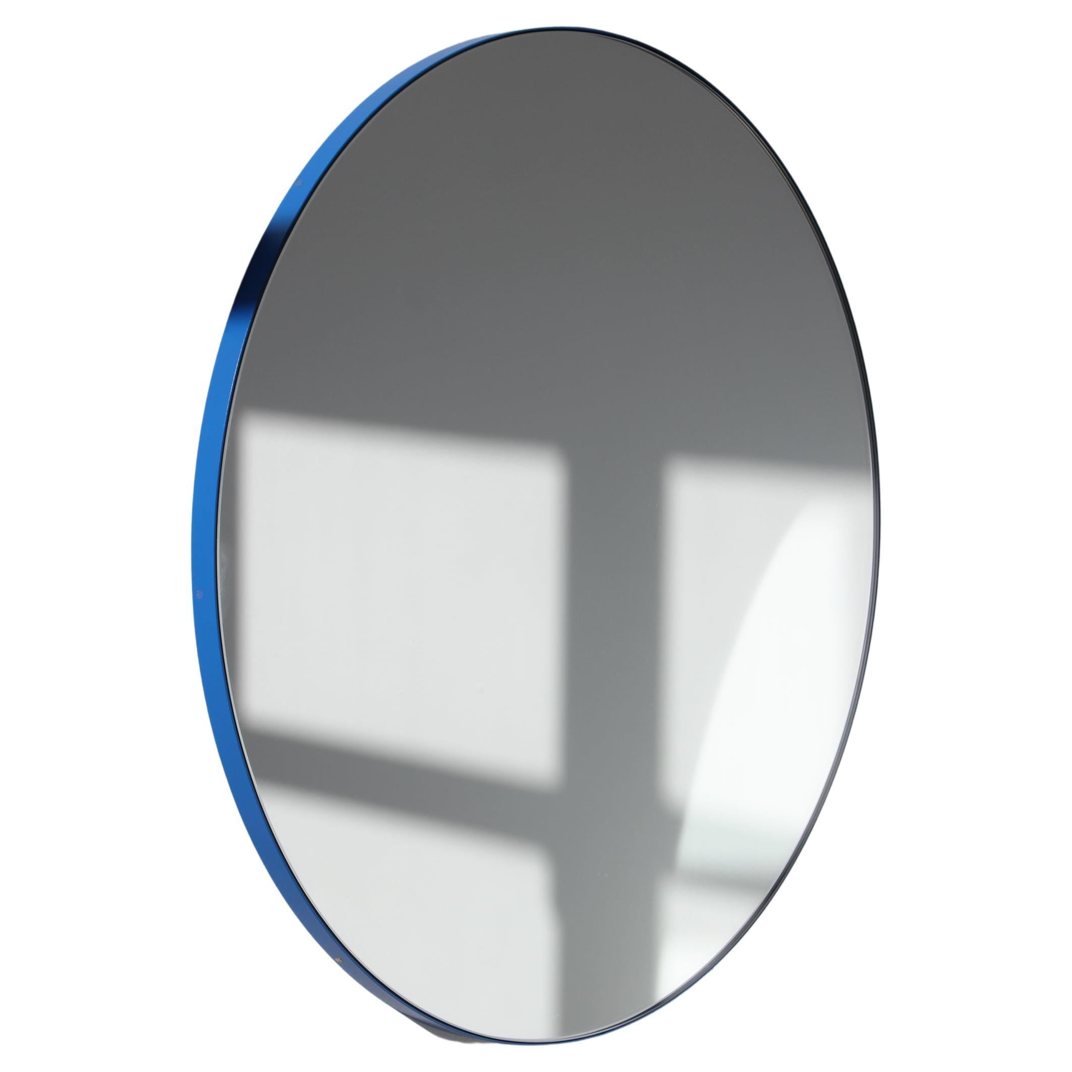 Orbis Circular Modern Mirror with Minimalist Blue Frame, Medium For Sale