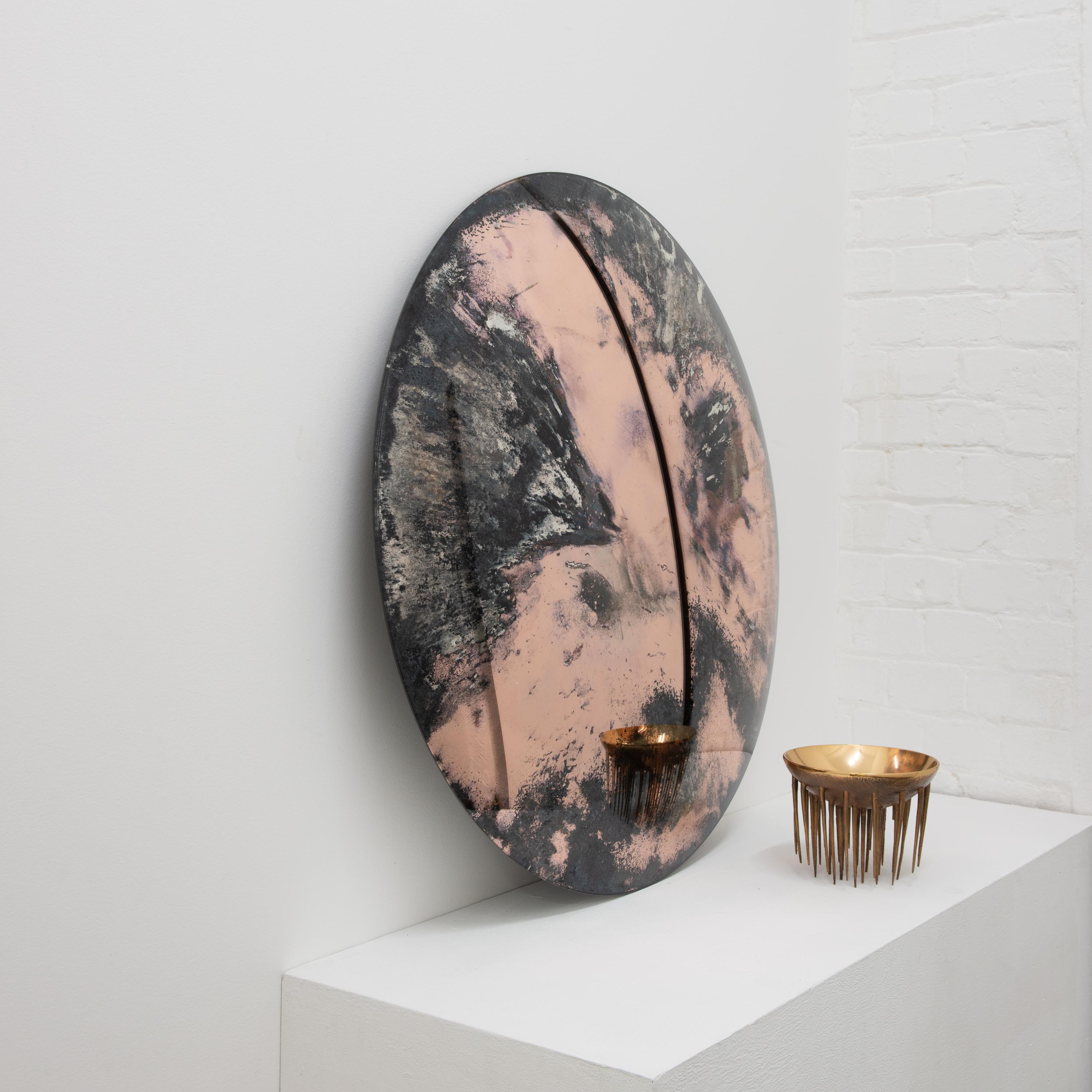 Organic Modern In Stock Orbis Convex Antiqued Rose Gold Frameless Round Mirror, Large For Sale