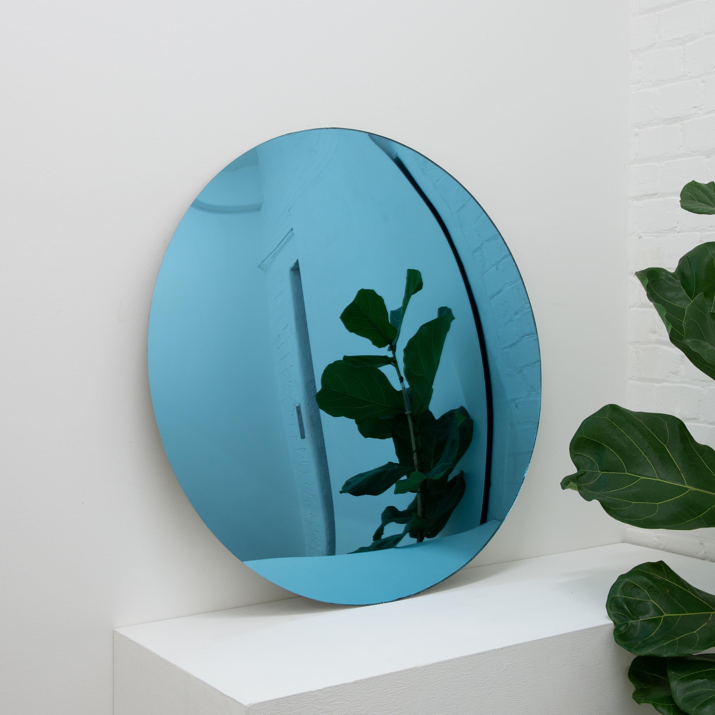 Orbis Convex Blue Handcrafted Frameless Contemporary Round Mirror, Large In New Condition For Sale In London, GB
