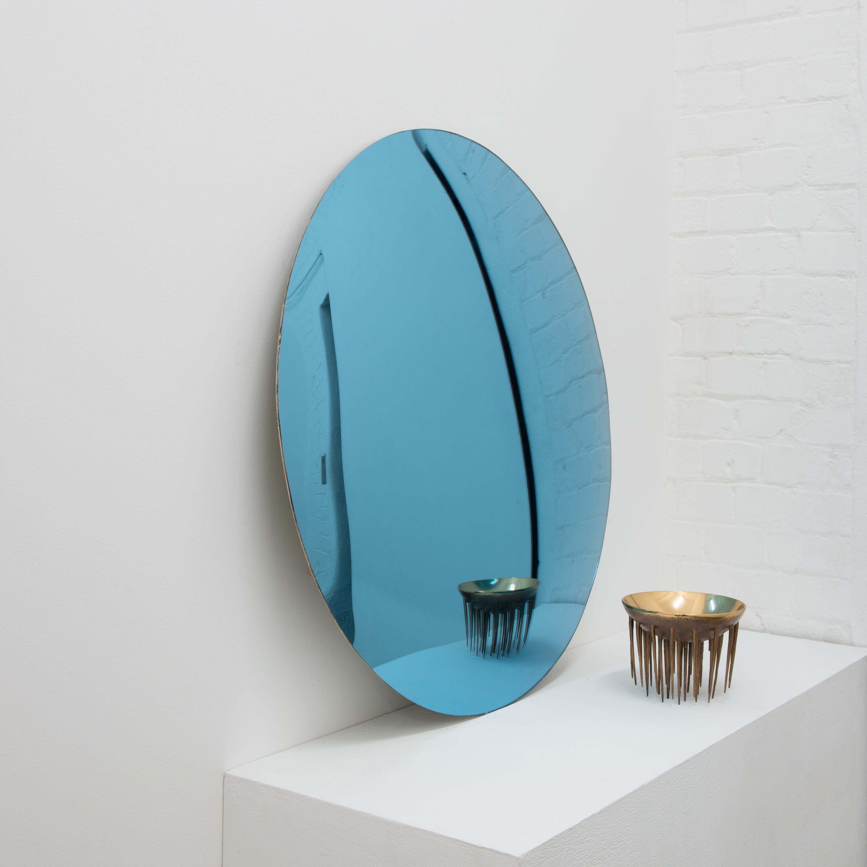 Orbis Convex Blue Handcrafted Frameless Contemporary Round Mirror, Large For Sale 1