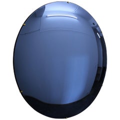 Grand miroir rond convexe bleu teinté Orbis sans cadre avec clips en laiton