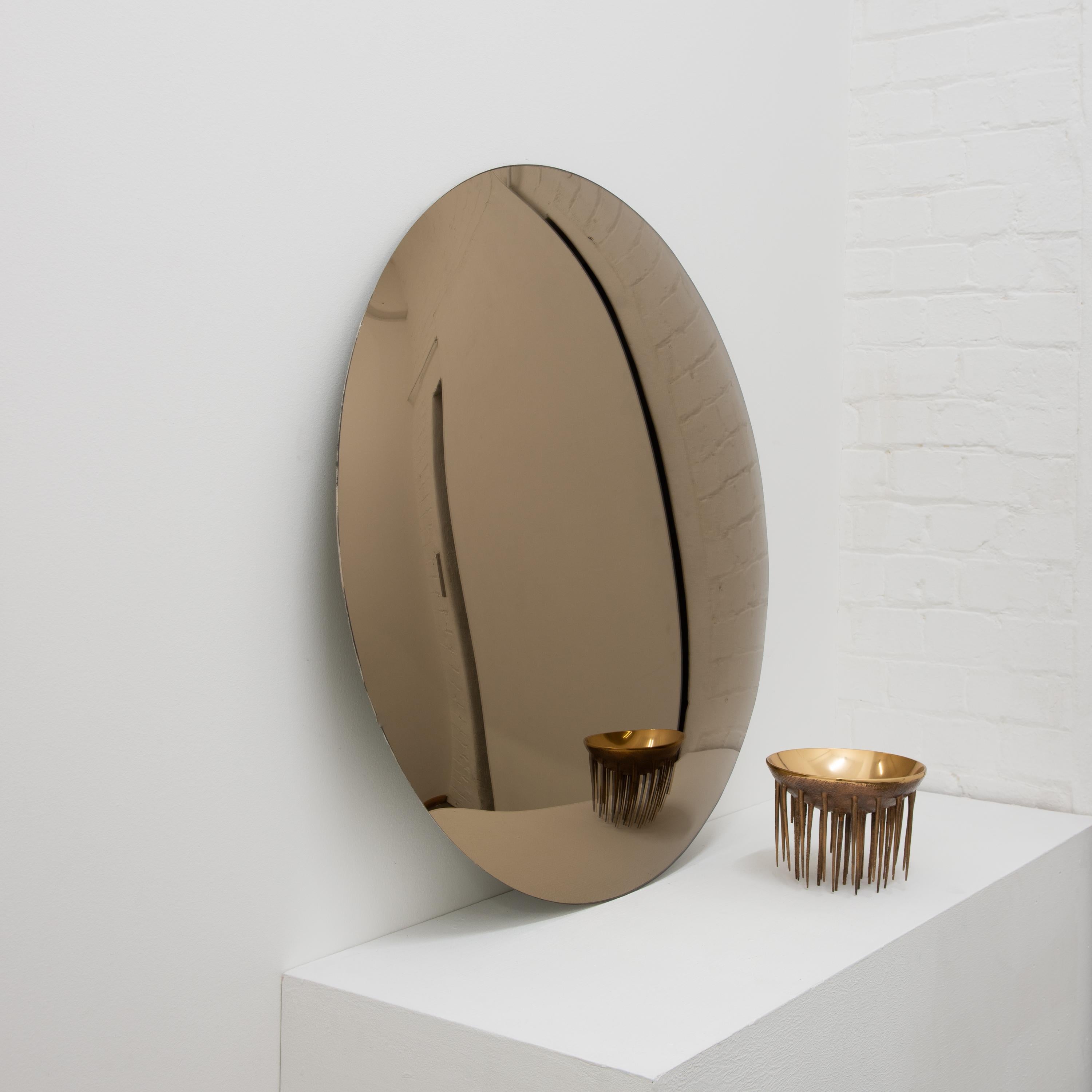 Organic Modern Orbis Convex Bronze Tinted Round Contemporay Frameless Mirror For Sale