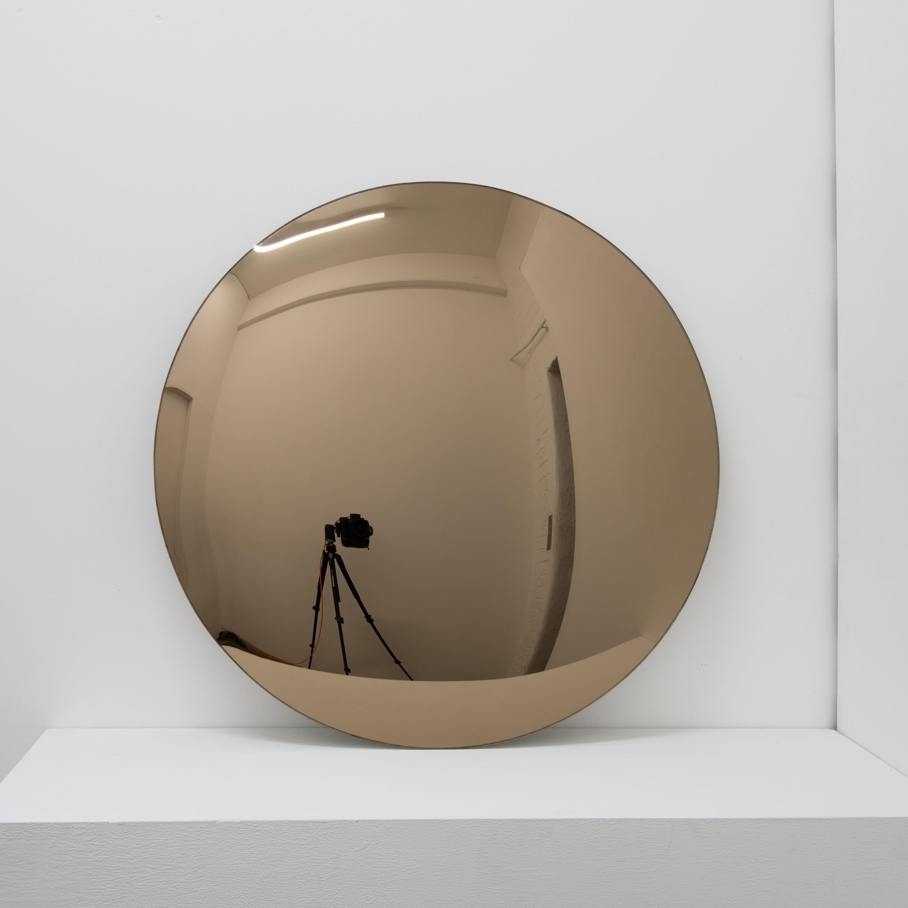 European Orbis Convex Bronze Tinted Round Contemporay Frameless Mirror For Sale