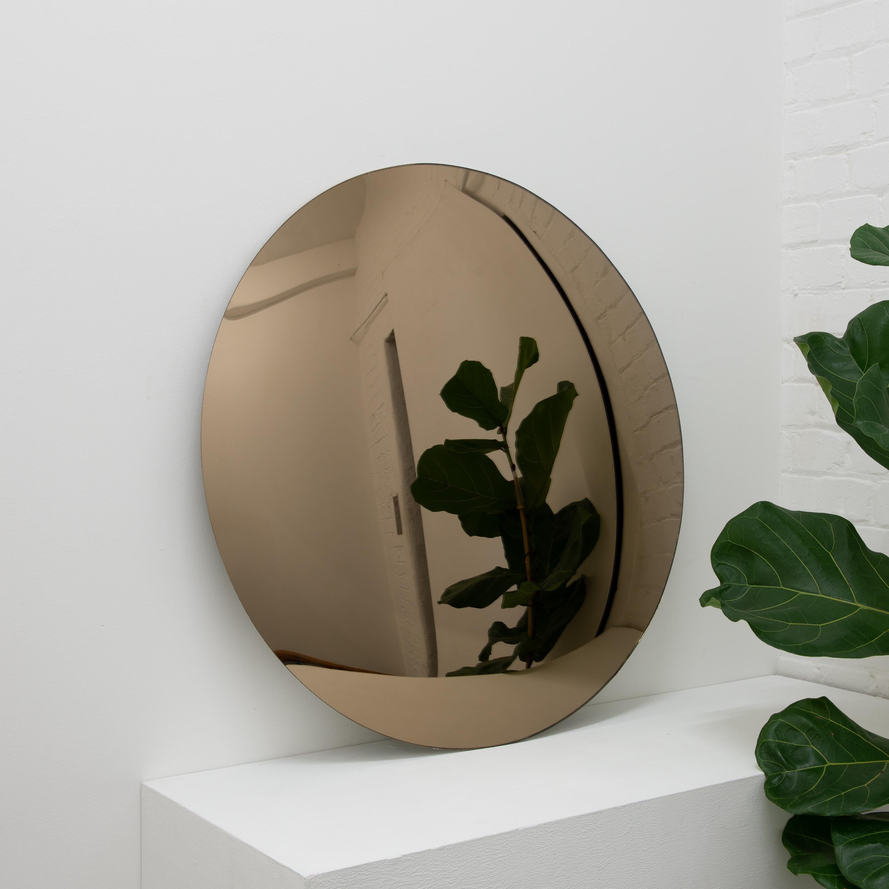 Bronzed Orbis Convex Bronze Tinted Round Contemporay Frameless Mirror For Sale