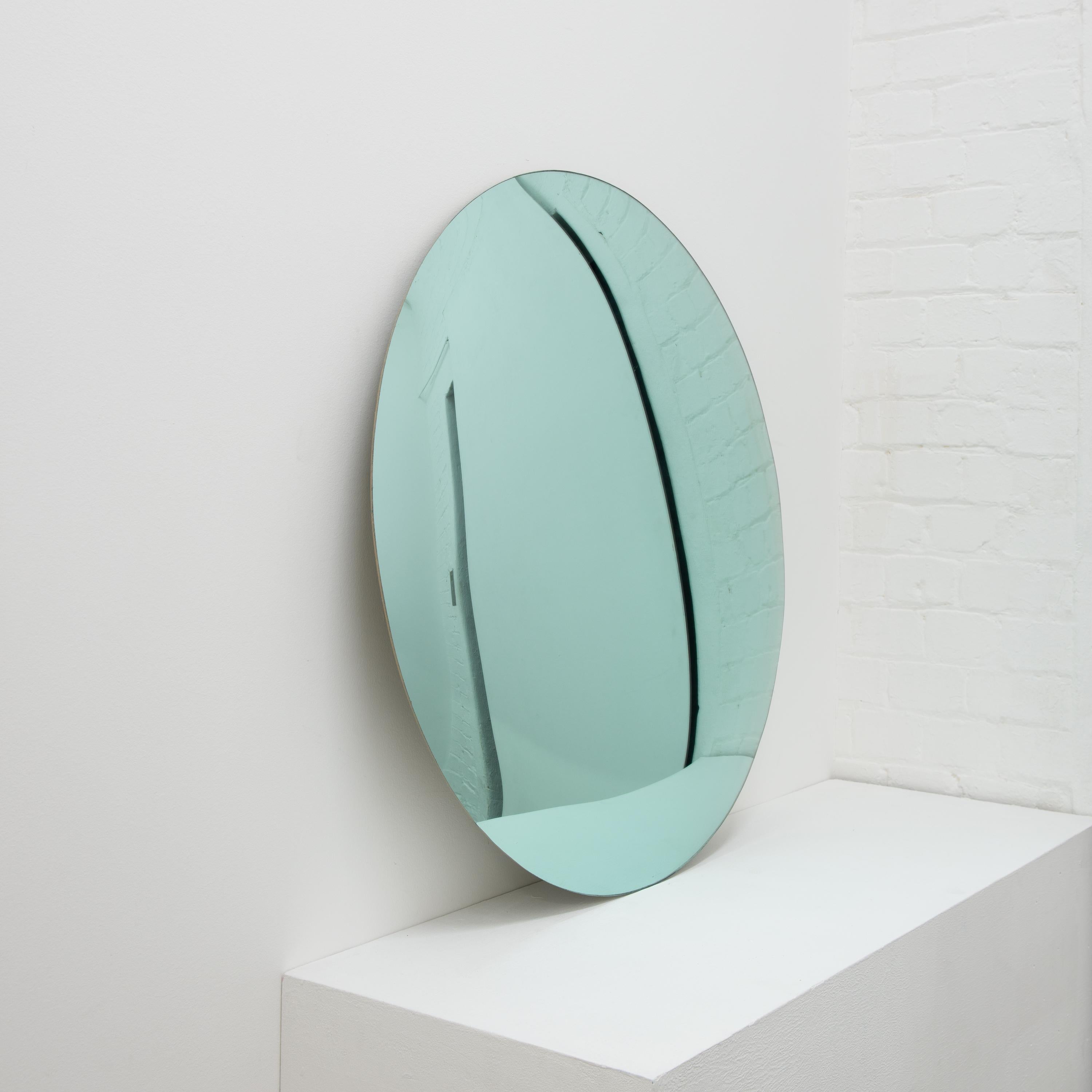 Contemporary Orbis Convex Green Minimalist Frameless Round Mirror, Large For Sale