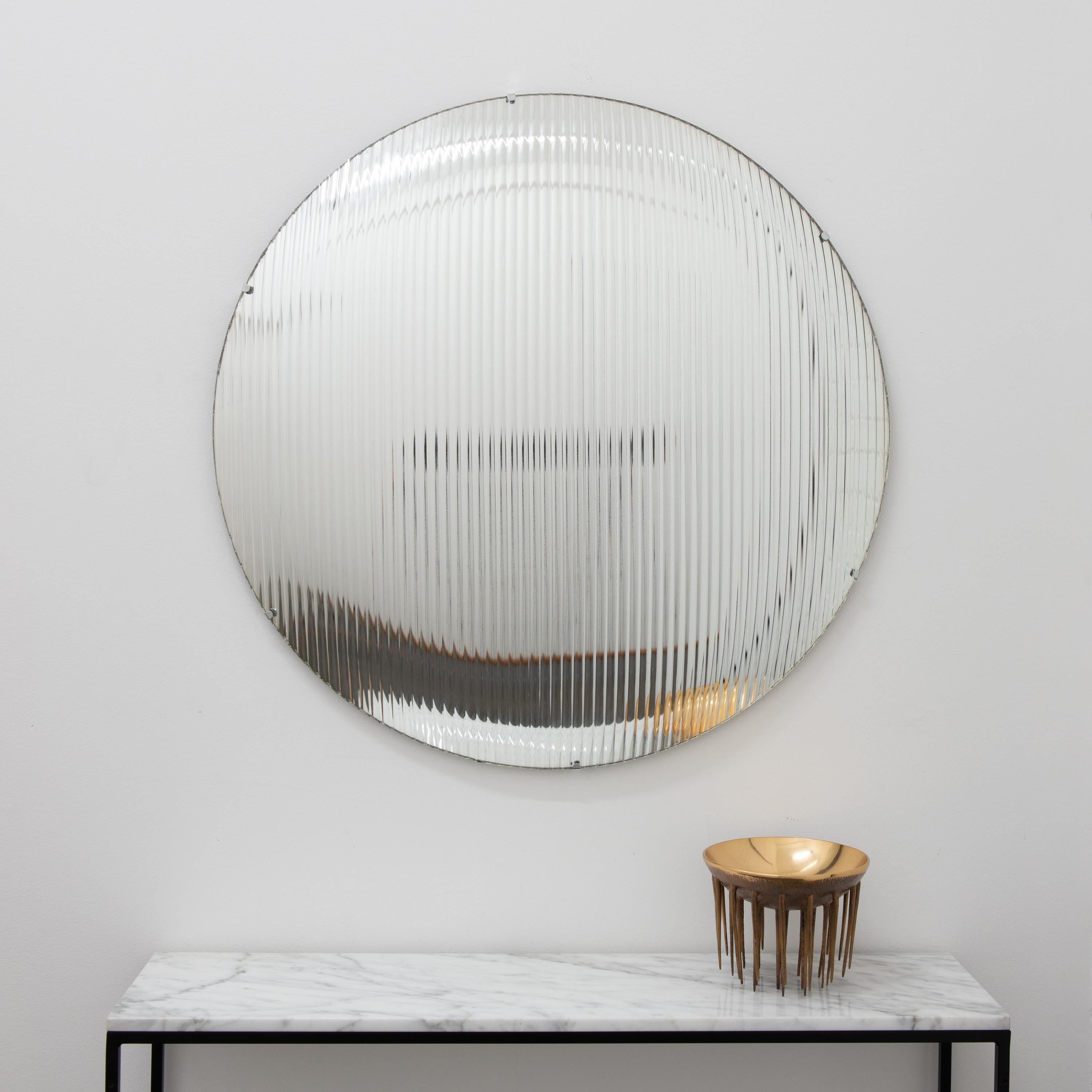In Stock Orbis Convex Reeded Glass Handcrafted Frameless Mirror with Clips For Sale 3