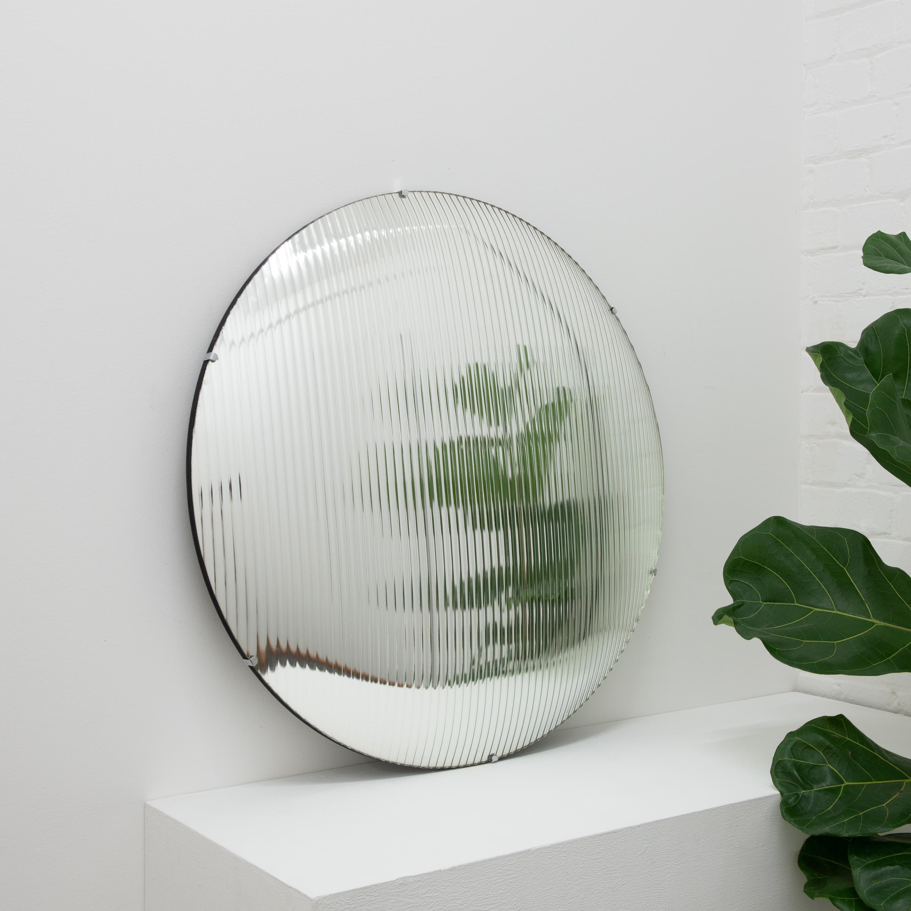 Organic Modern In Stock Orbis Convex Reeded Glass Handcrafted Frameless Mirror with Clips For Sale